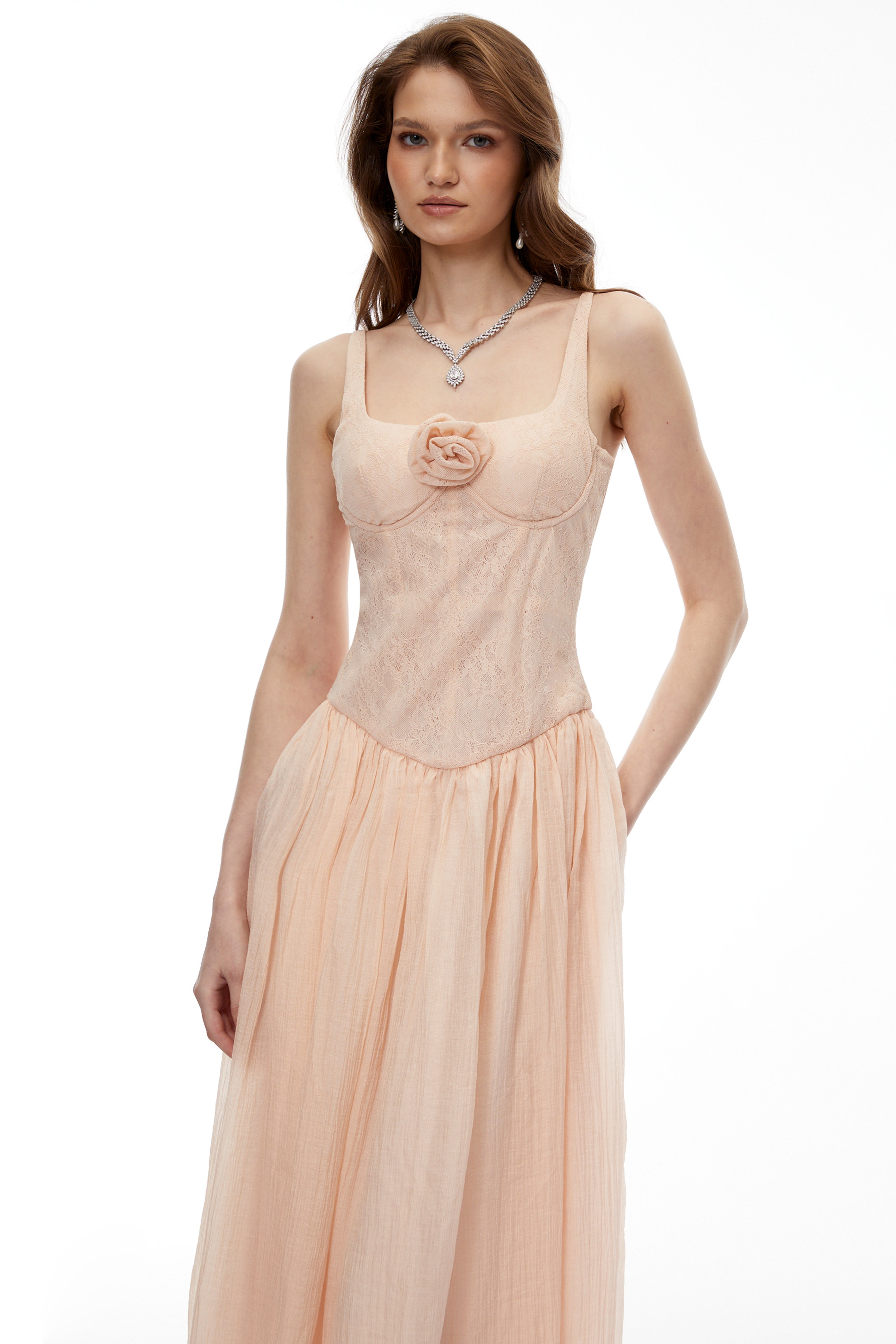 Amina Pink Floral Lace Midi Dress with Panels (Final Sale)