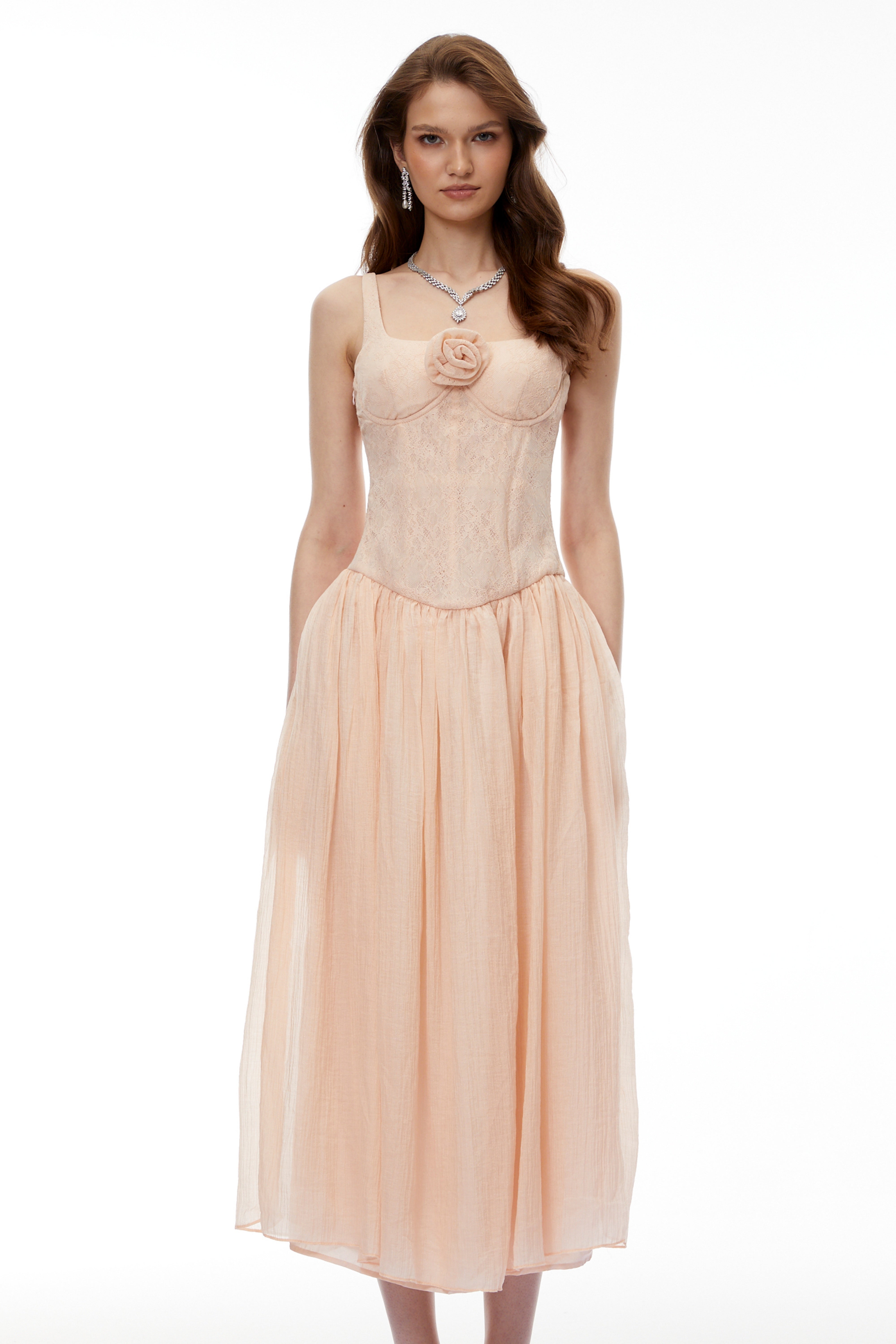 Amina Pink Floral Lace Midi Dress with Panels (Final Sale)