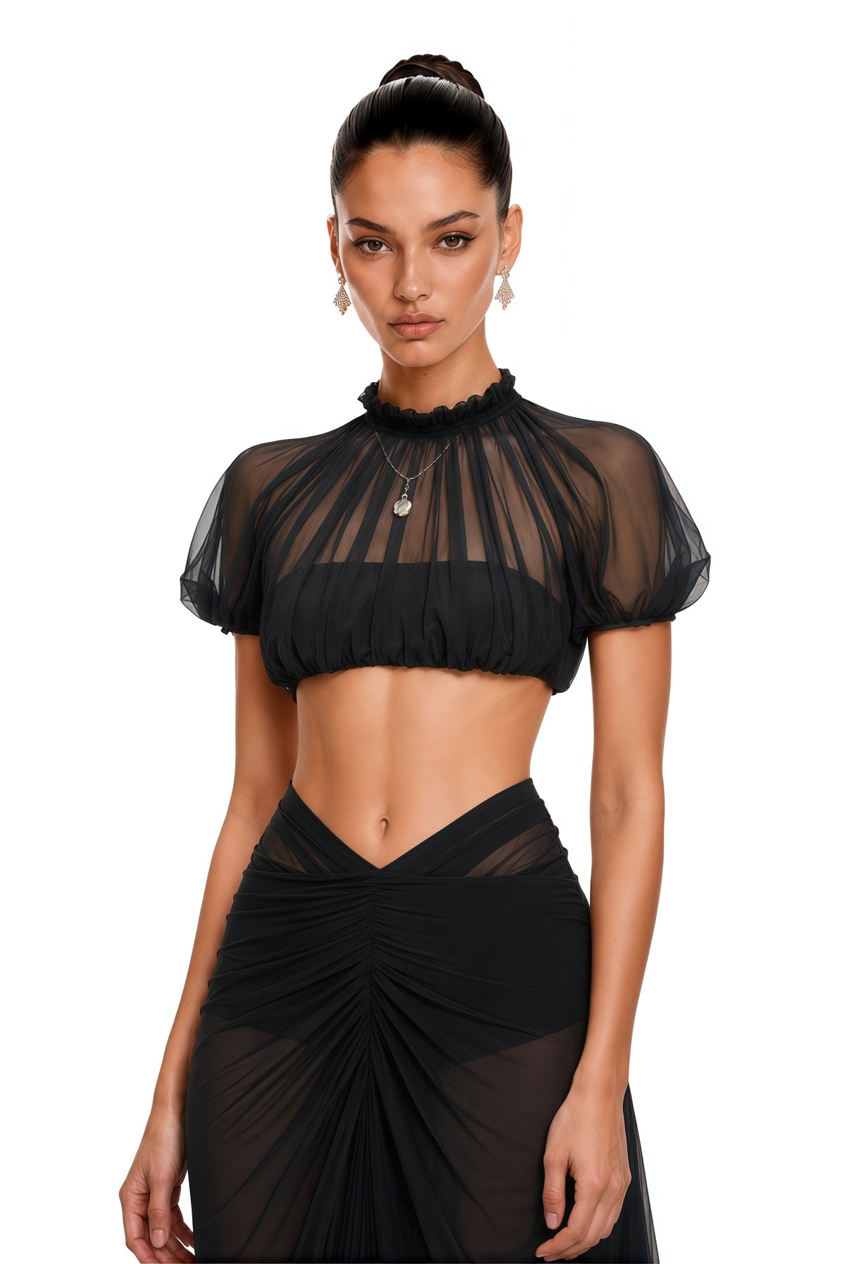 amiri black sheer high neck crop top & maxi skirt set