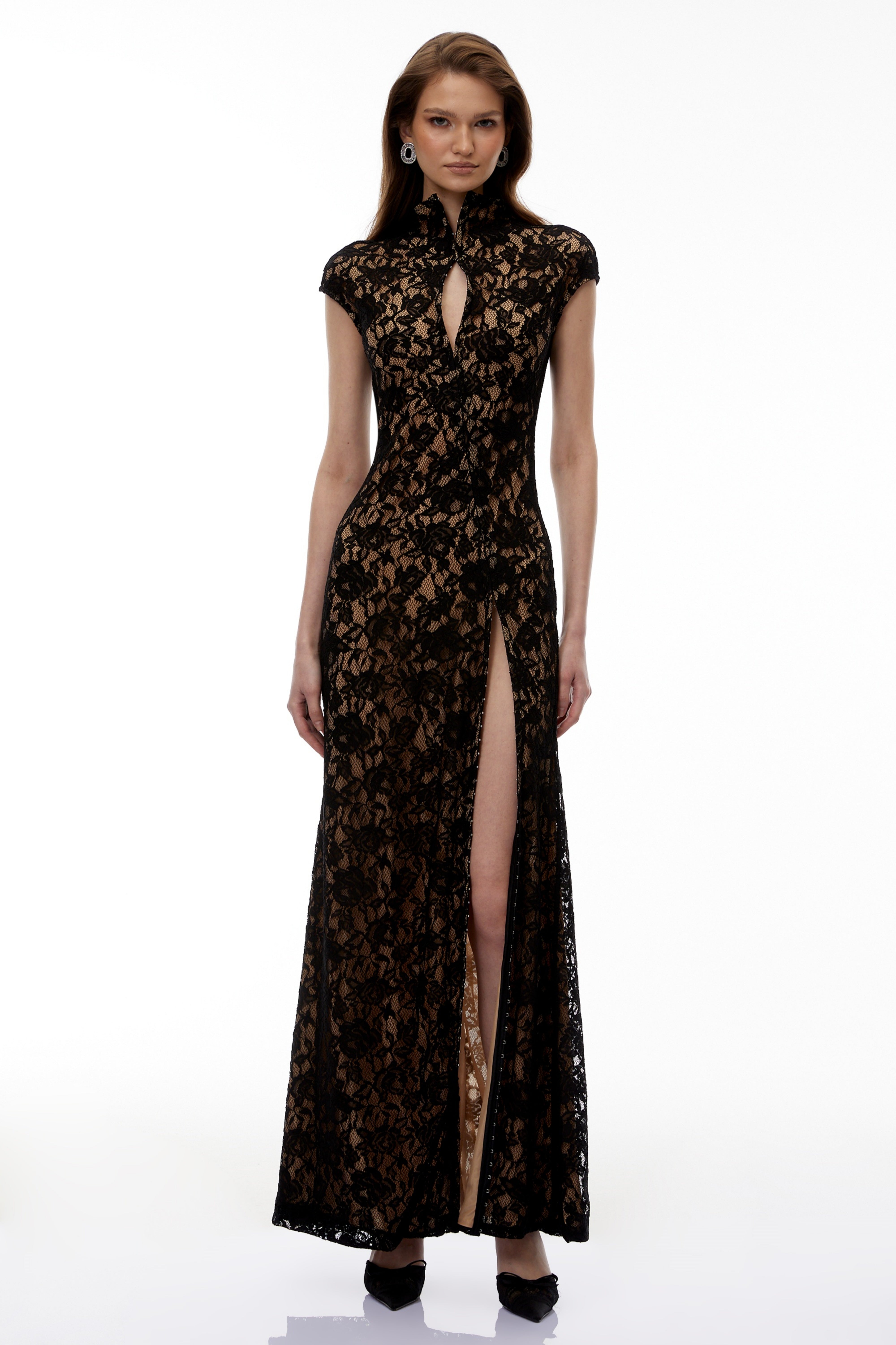 Andrea Black Keyhole Lace Maxi Dress with High Thigh Slit