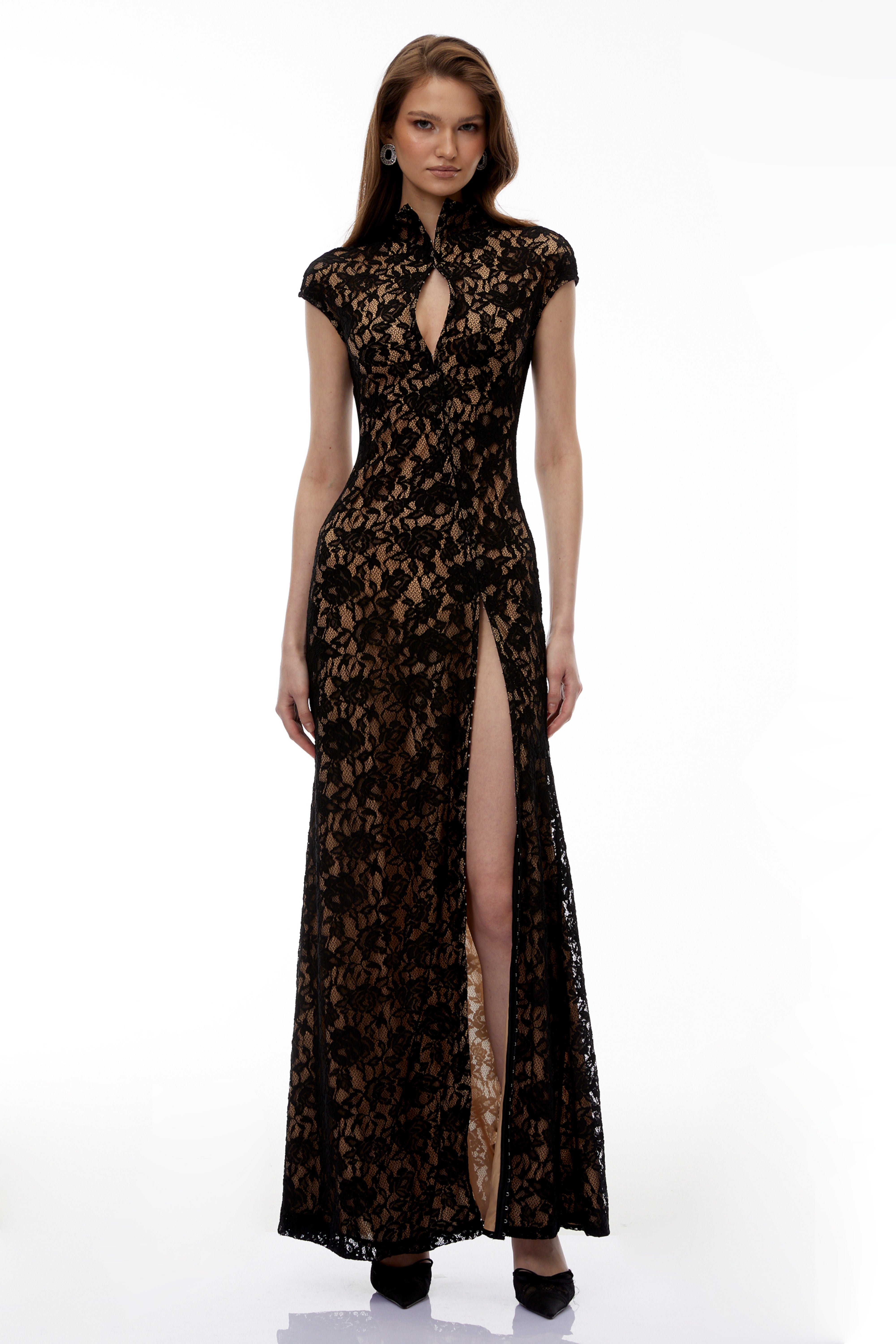 Andrea Black Keyhole Lace Maxi Dress with High Thigh Slit
