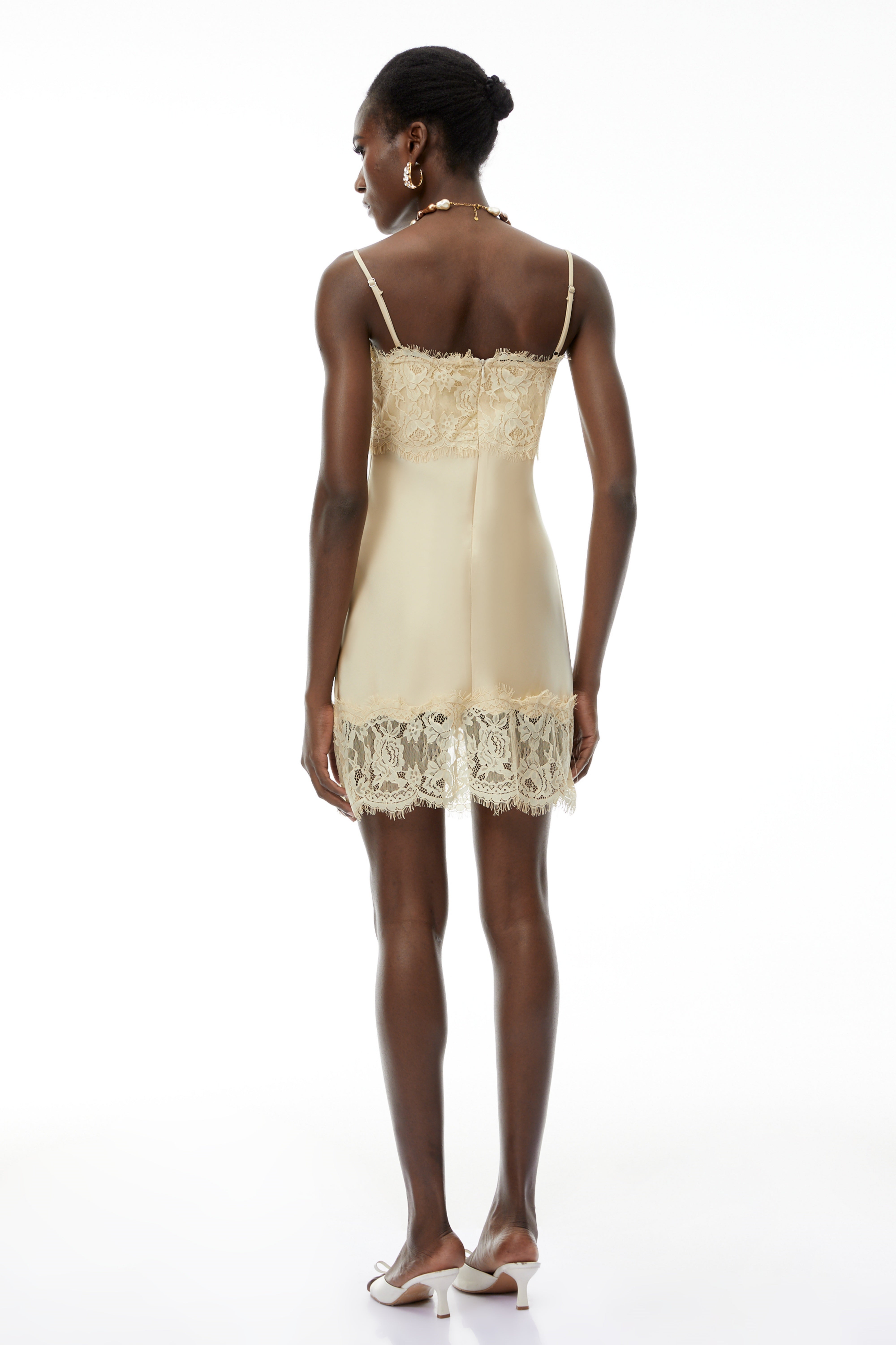 Anjelica Champagne Satin Mini Dress with Lace Panels (Final Sale)