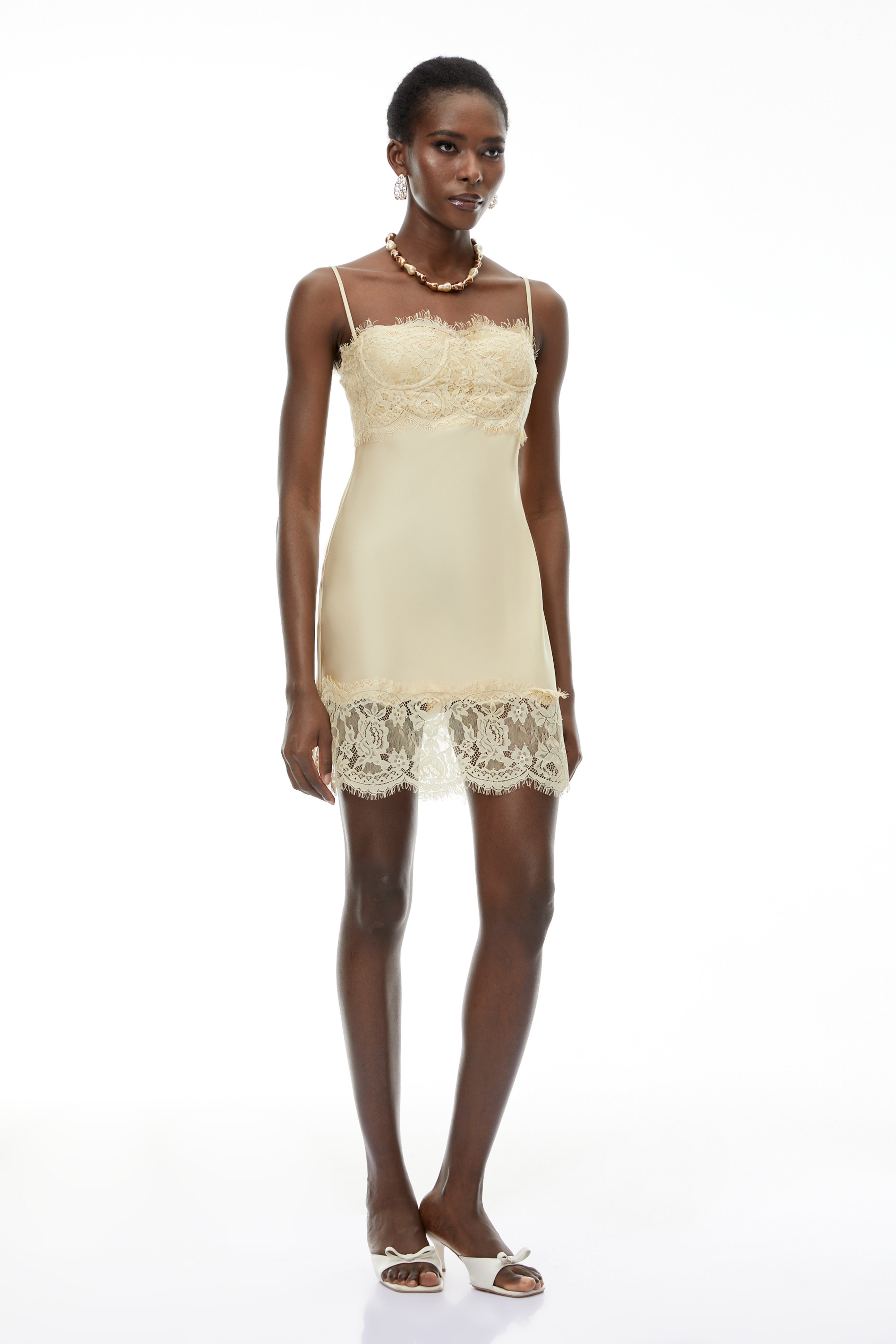 Anjelica Champagne Satin Mini Dress with Lace Panels (Final Sale)