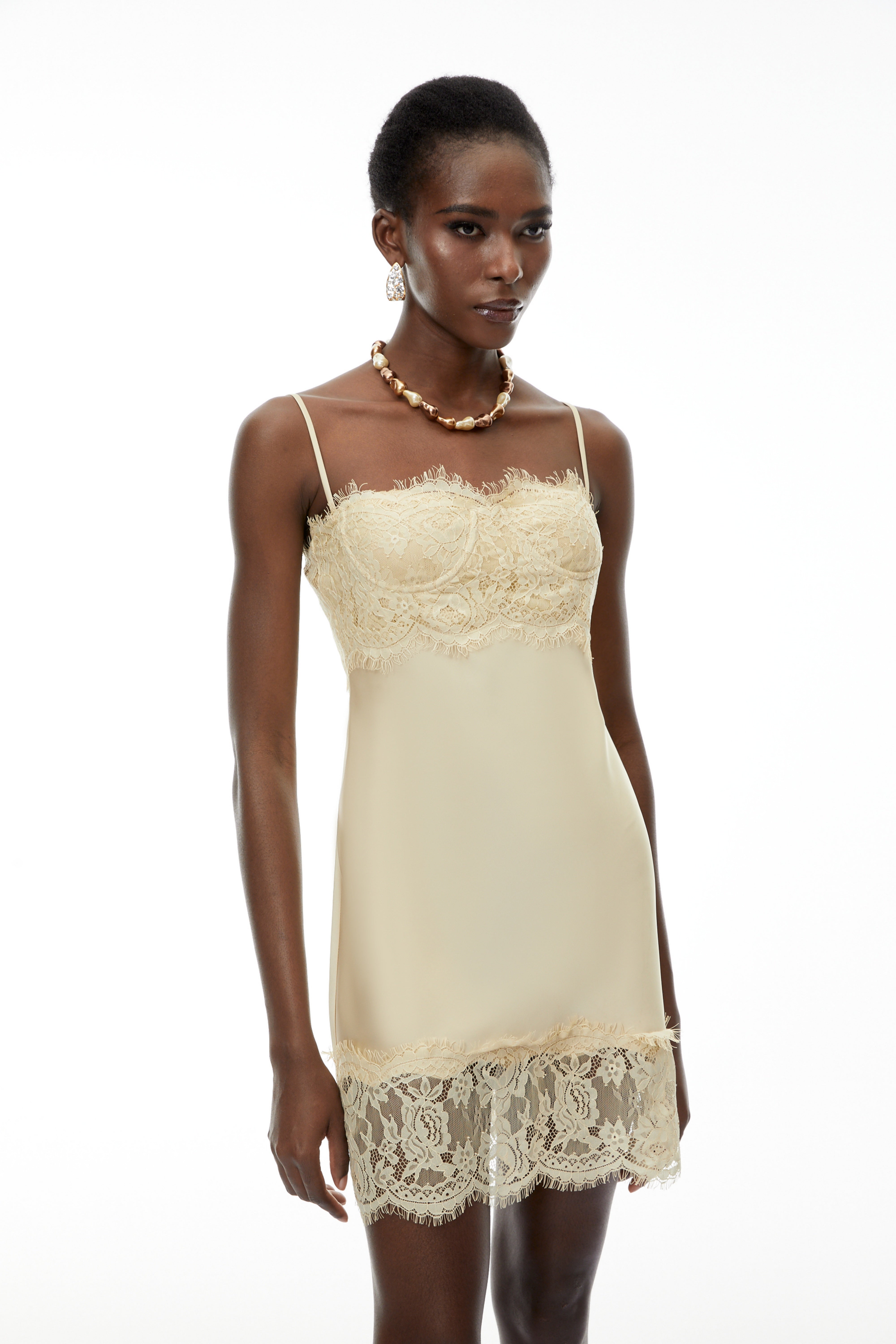 Anjelica Champagne Satin Mini Dress with Lace Panels (Final Sale)