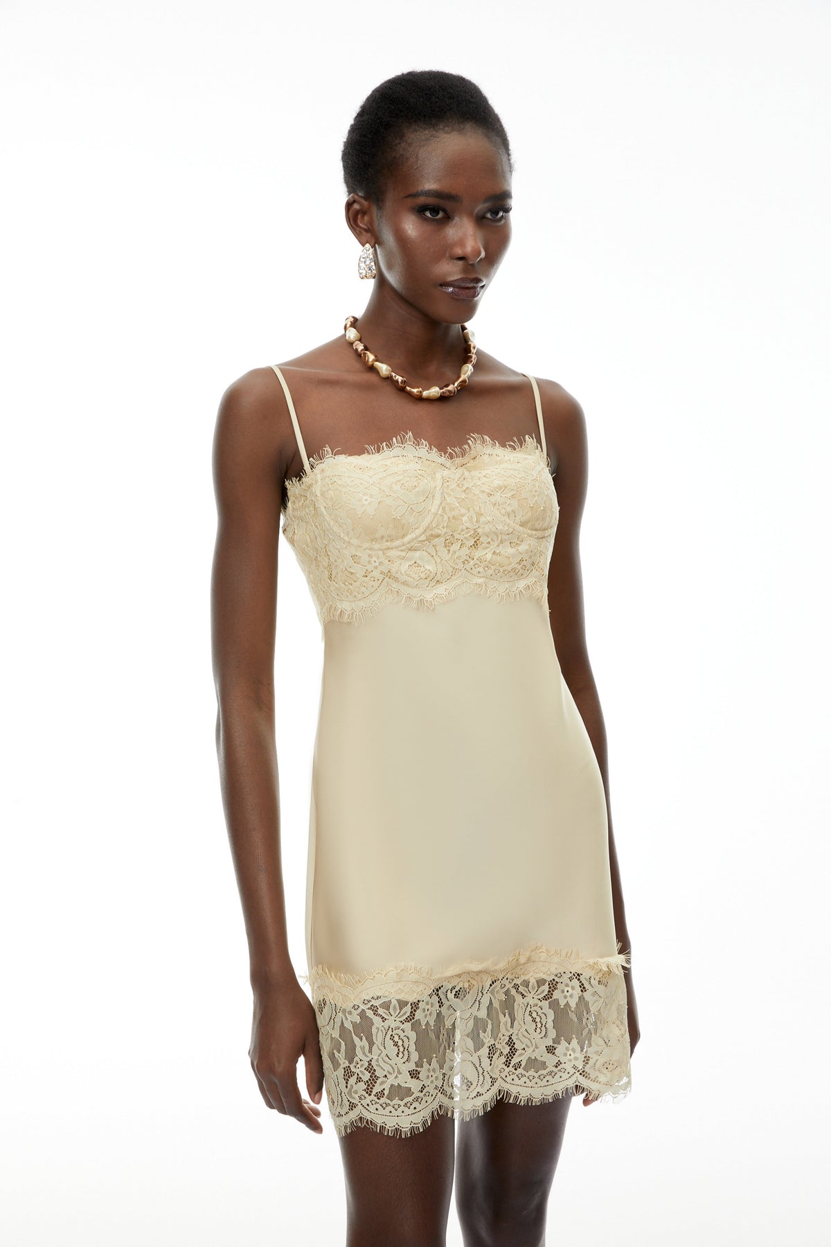 Anjelica Champagne Satin Mini Dress with Lace Panels (Final Sale)