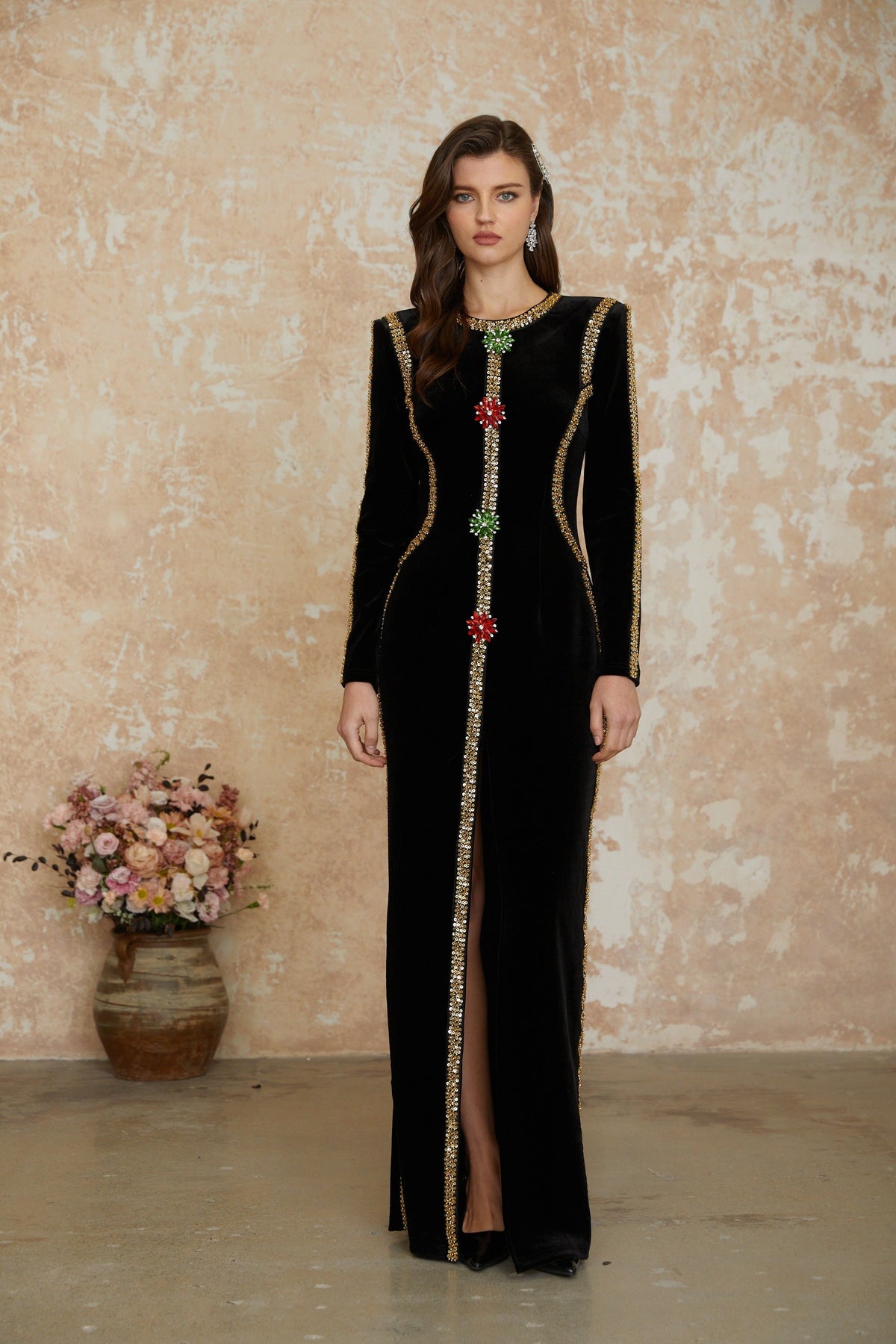 Anna Black Crystal Embellished Front Slit Maxi Dress