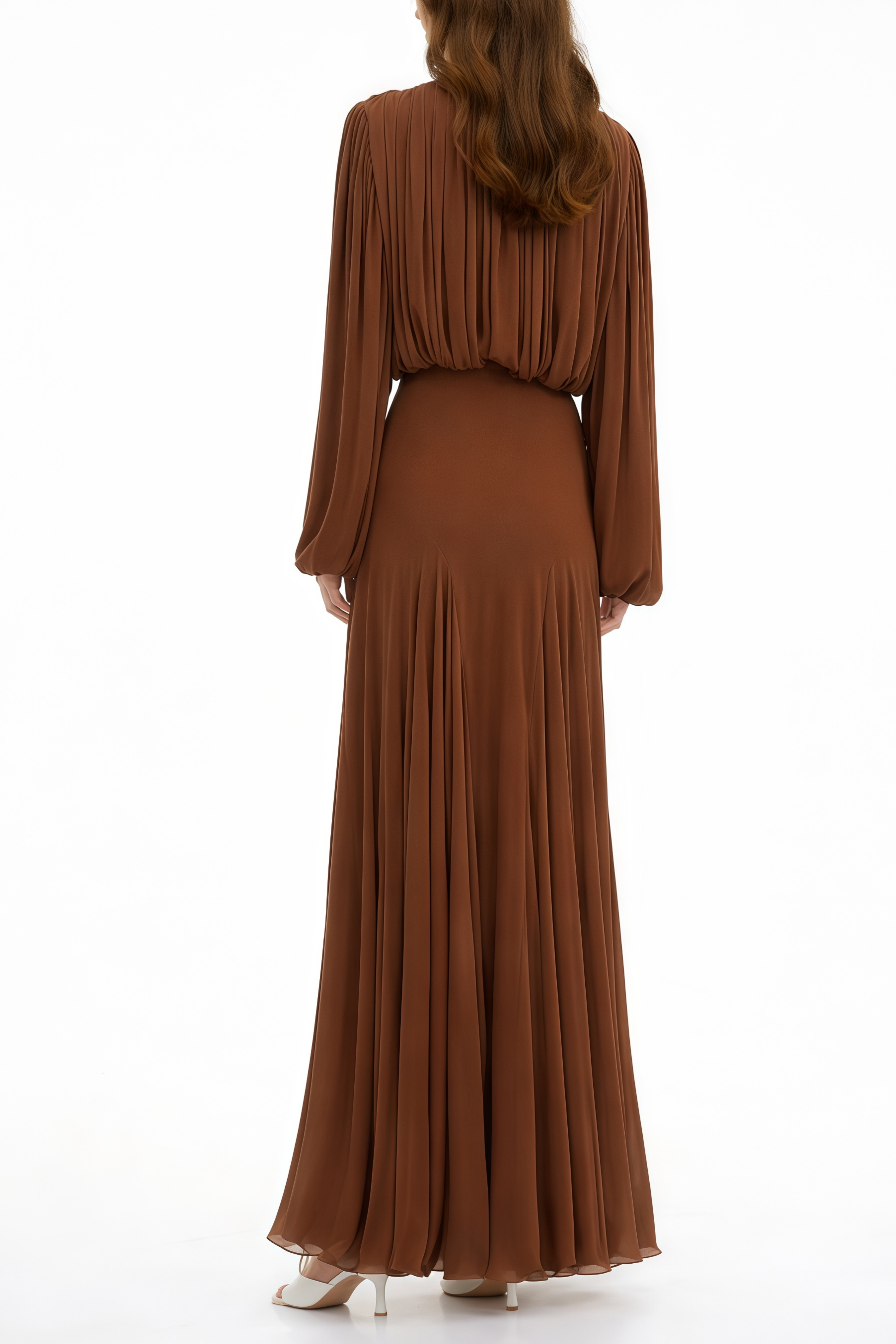 Annabelle Brown Lantern Sleeve Pleated Maxi Dress (Final Sale-US Only)