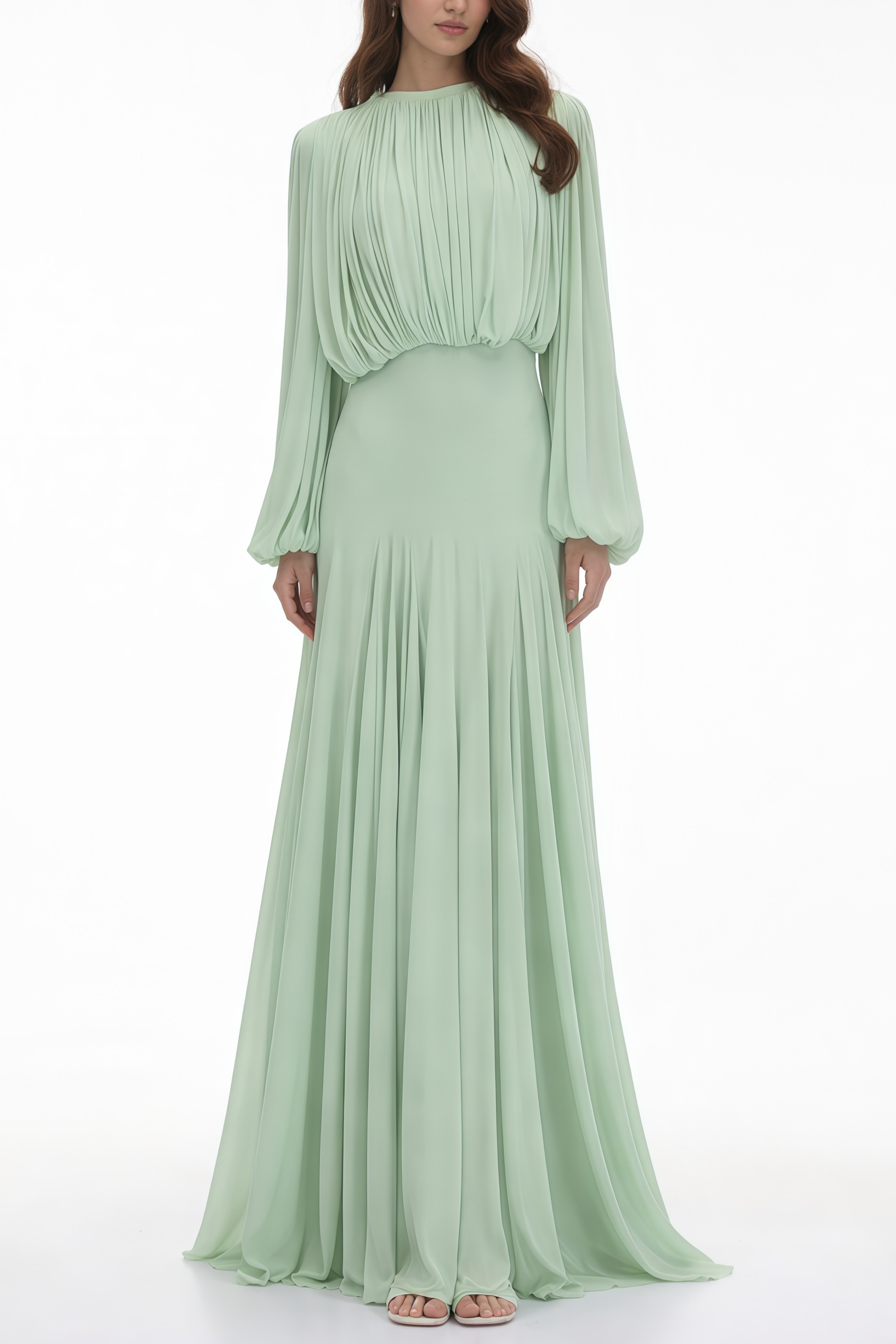 Annabelle Green Lantern Sleeve Pleated Maxi Dress