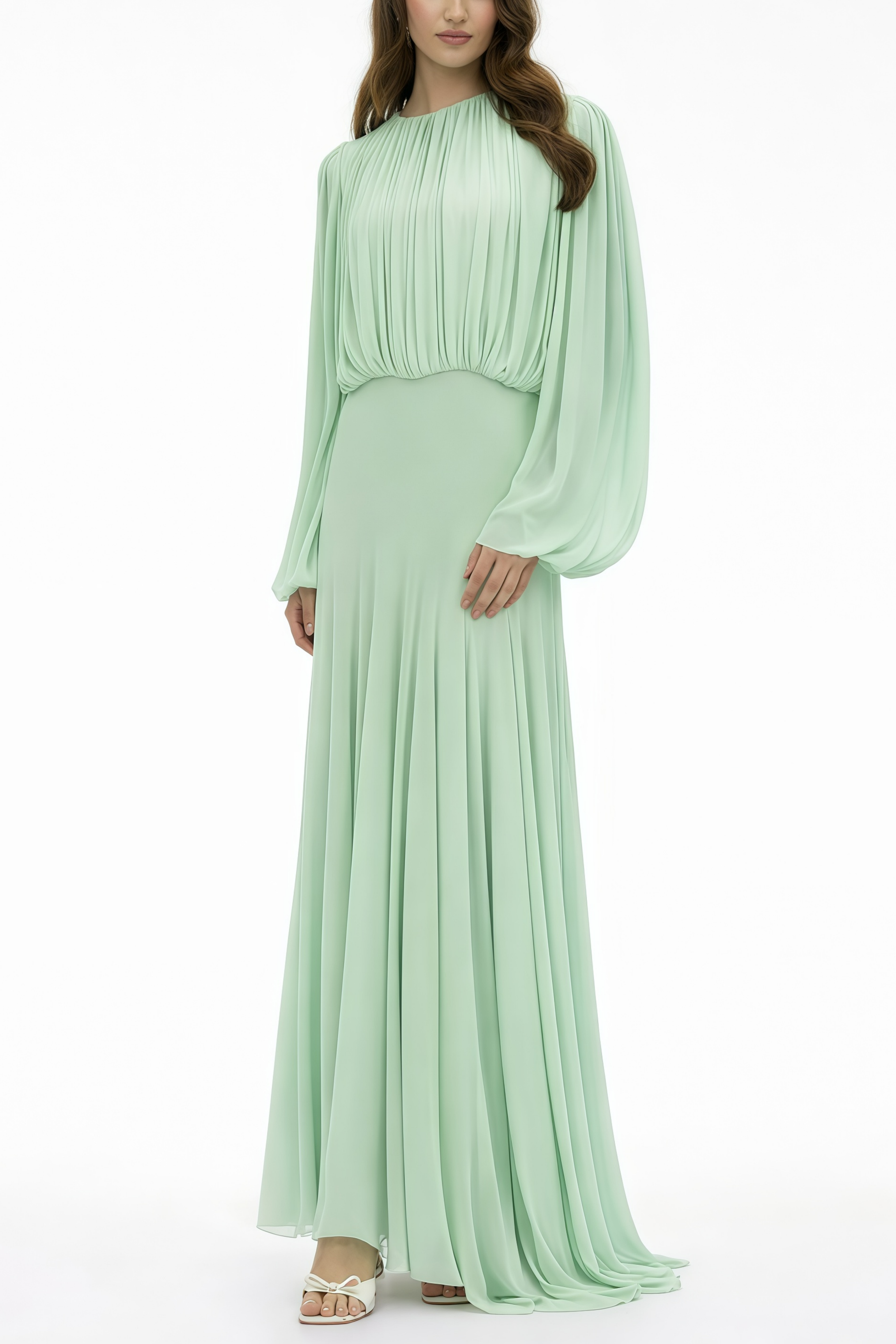 Annabelle Green Lantern Sleeve Pleated Maxi Dress