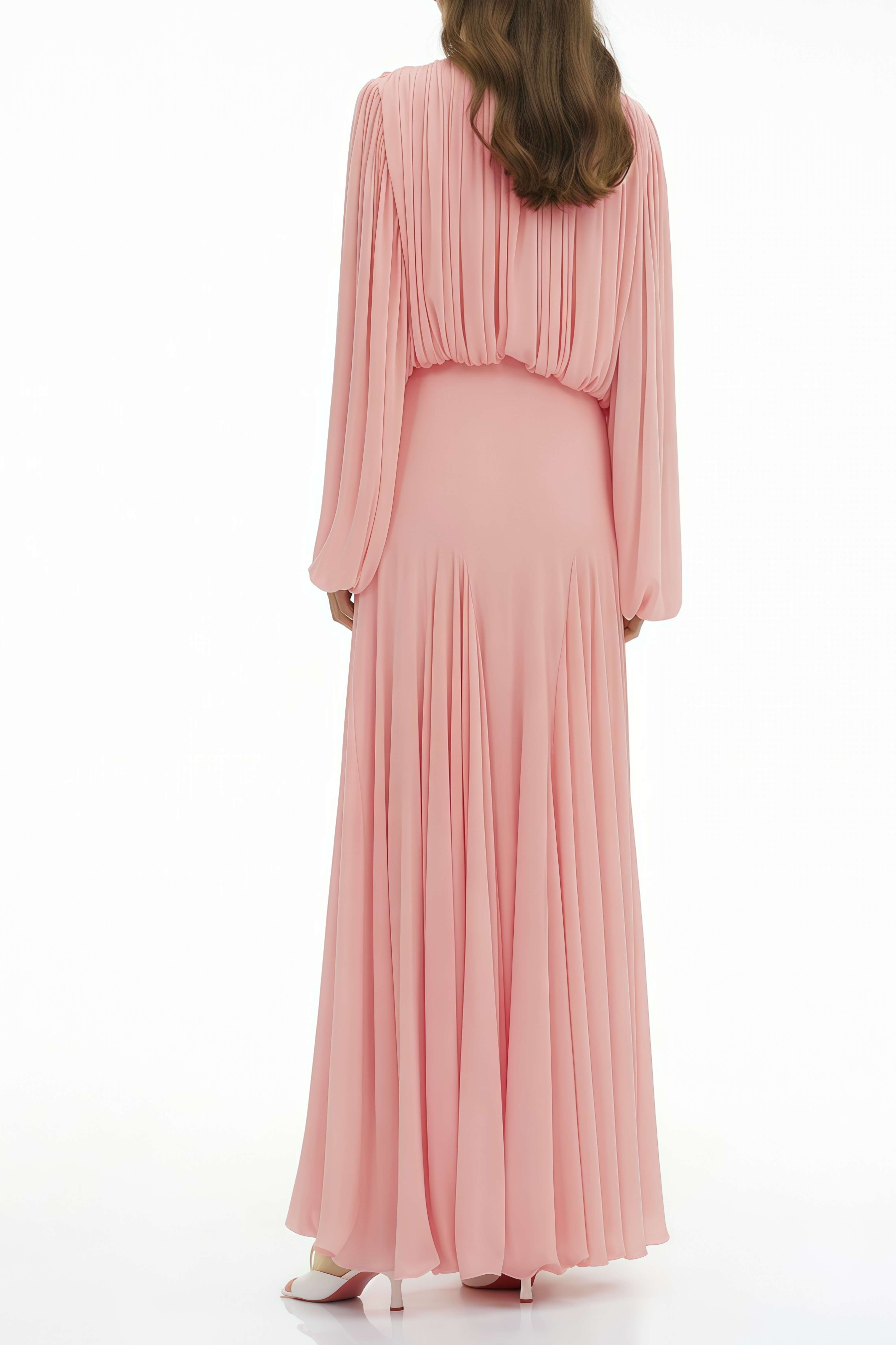Annabelle Pink Lantern Sleeve Pleated Maxi Dress