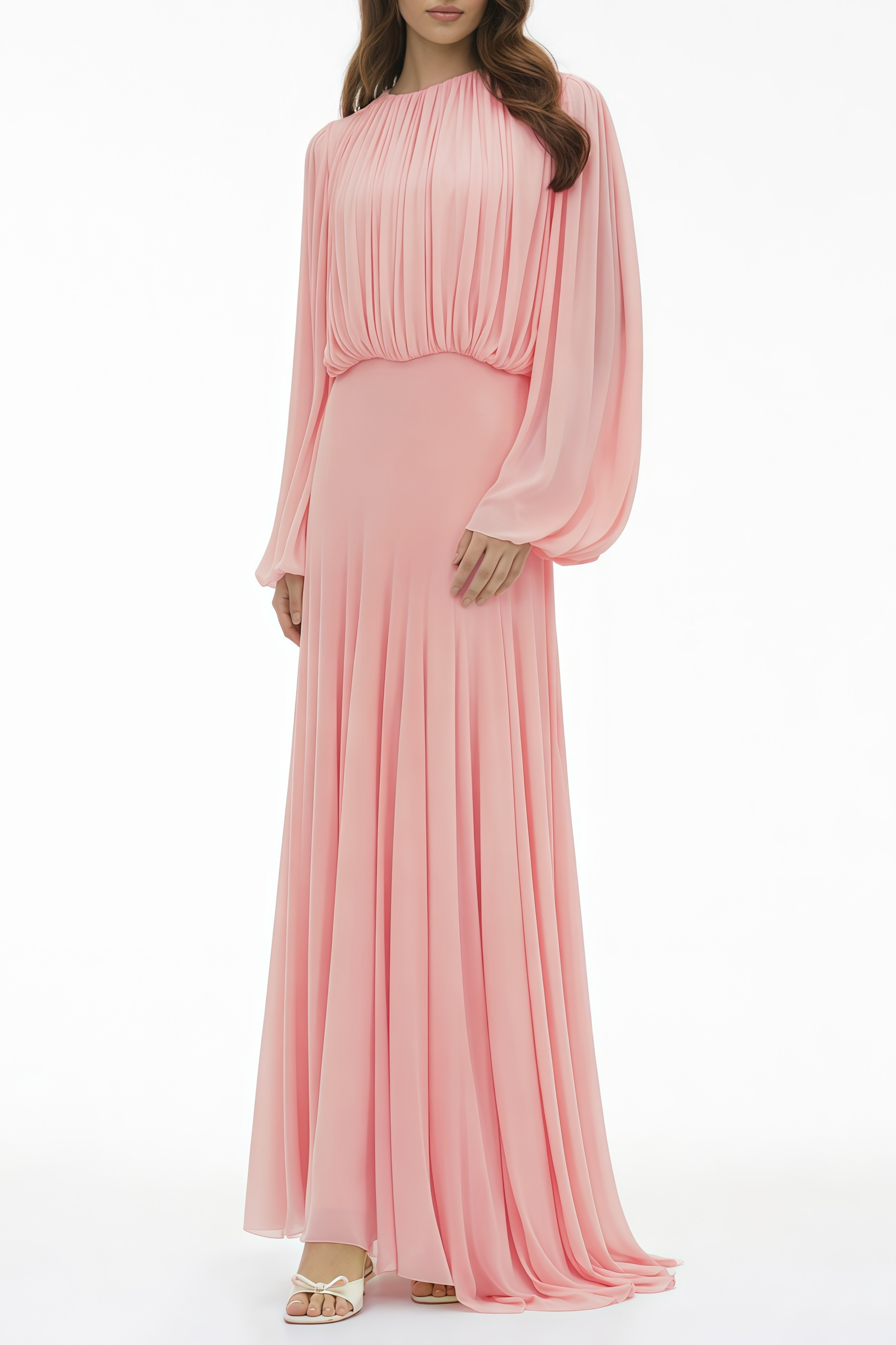 Annabelle Pink Lantern Sleeve Pleated Maxi Dress