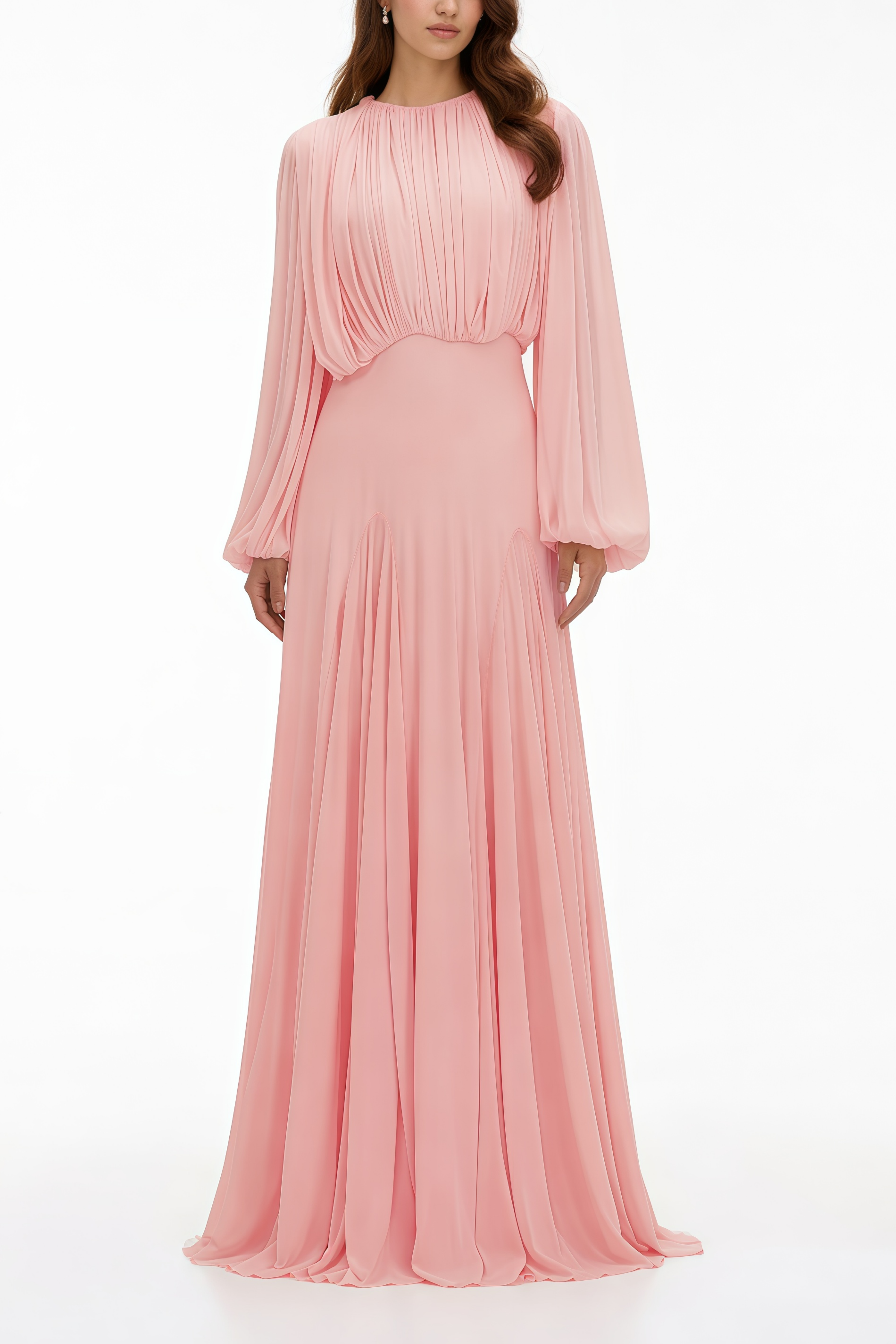 Annabelle Pink Lantern Sleeve Pleated Maxi Dress