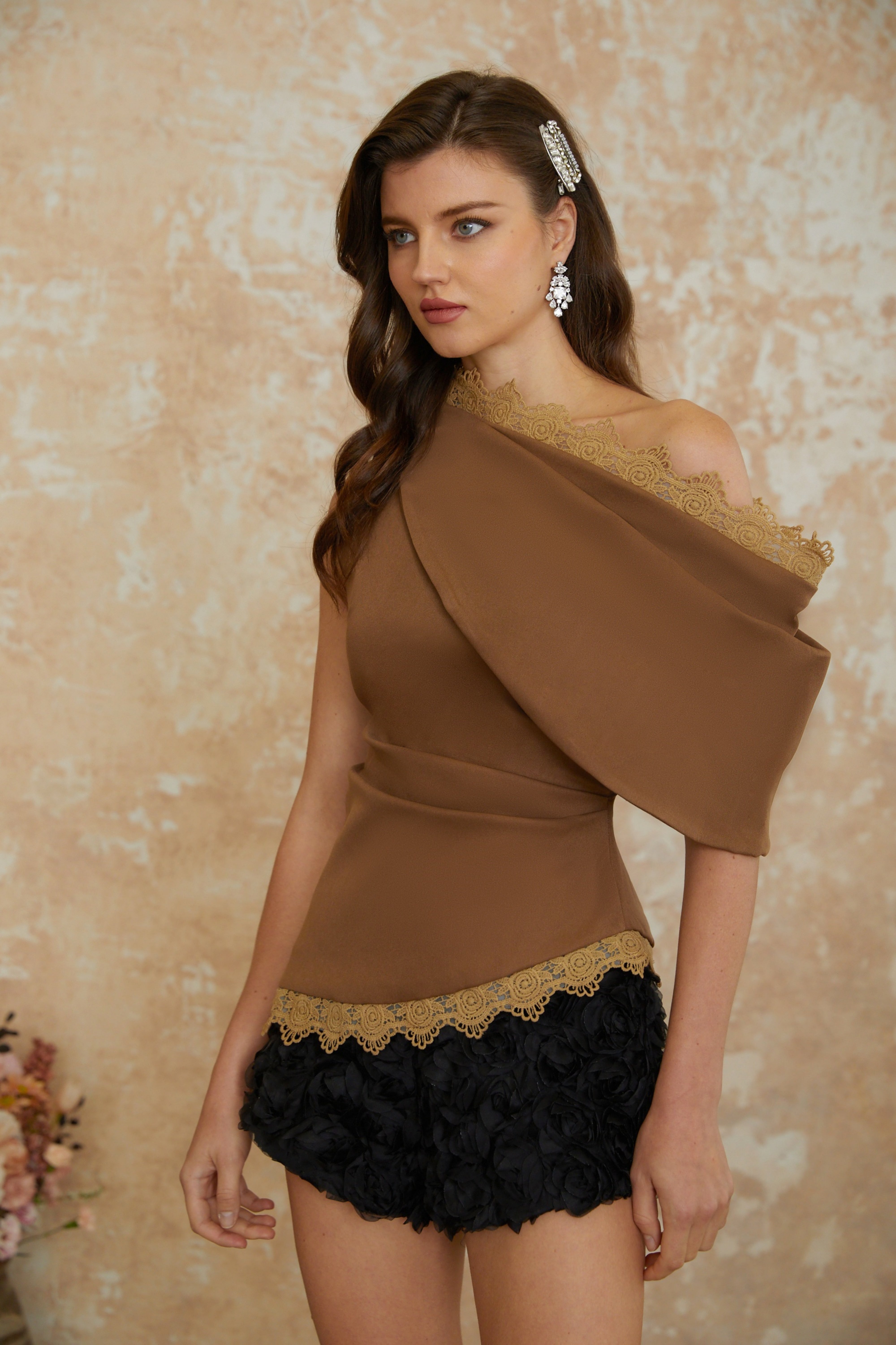 Annemarie Brown Top with Lace Trim