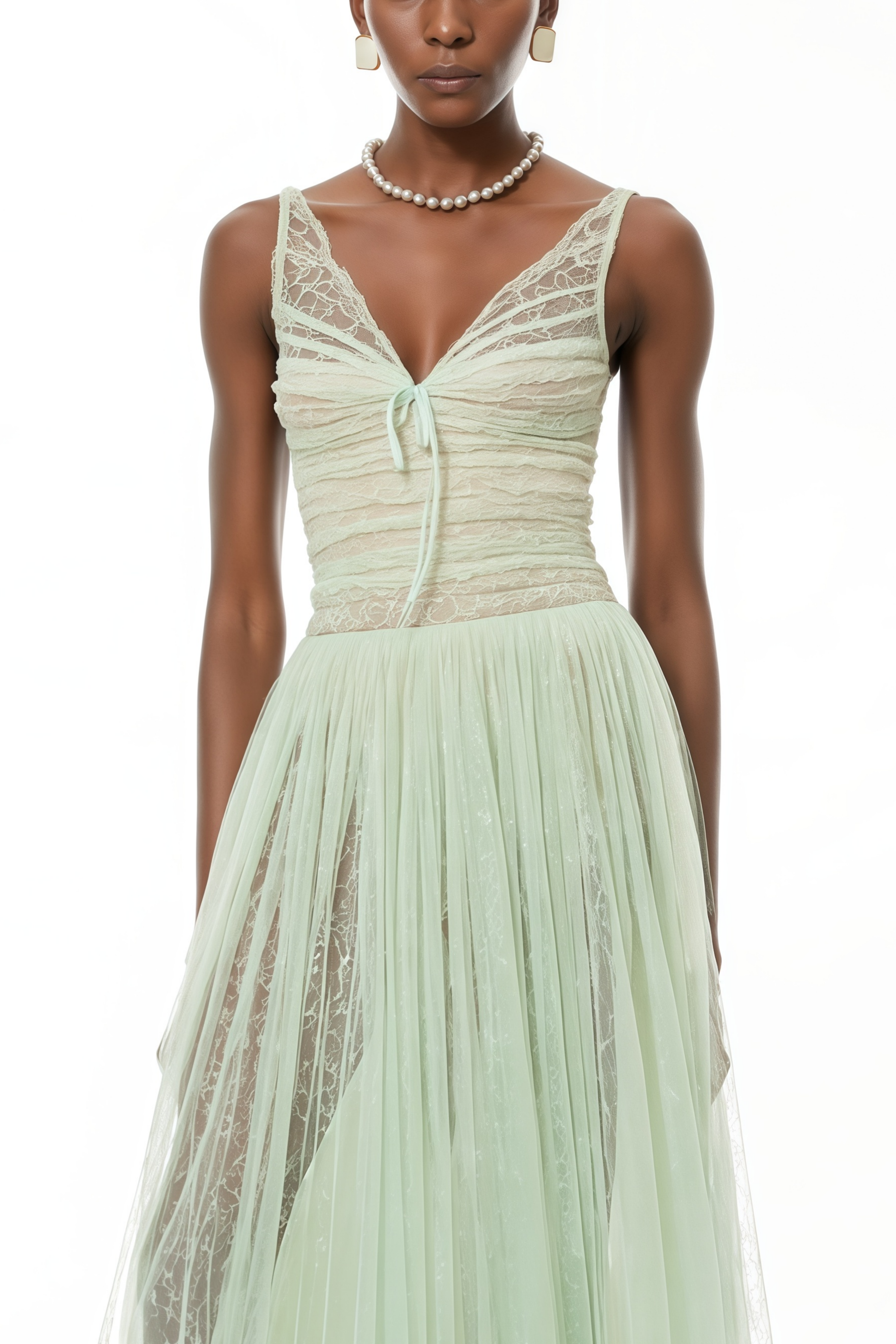 Annika Green Sequin Tulle Maxi Dress with Lace Panels
