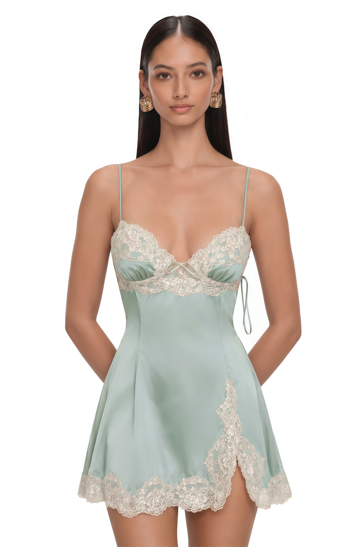 anouk sage green lace trim satin mini dress