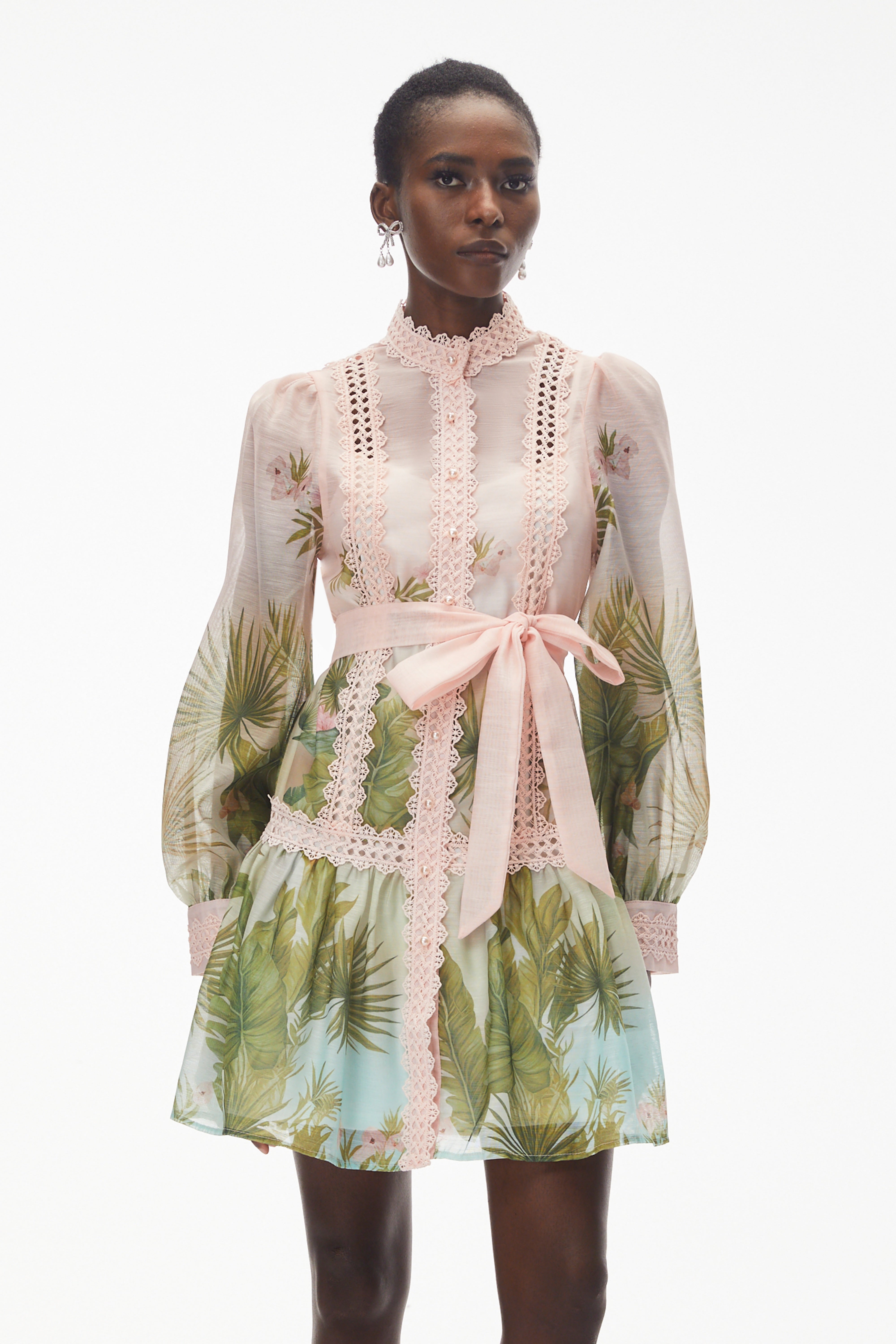 Antigone Pink Mini Dress with Lace Panels and Tie