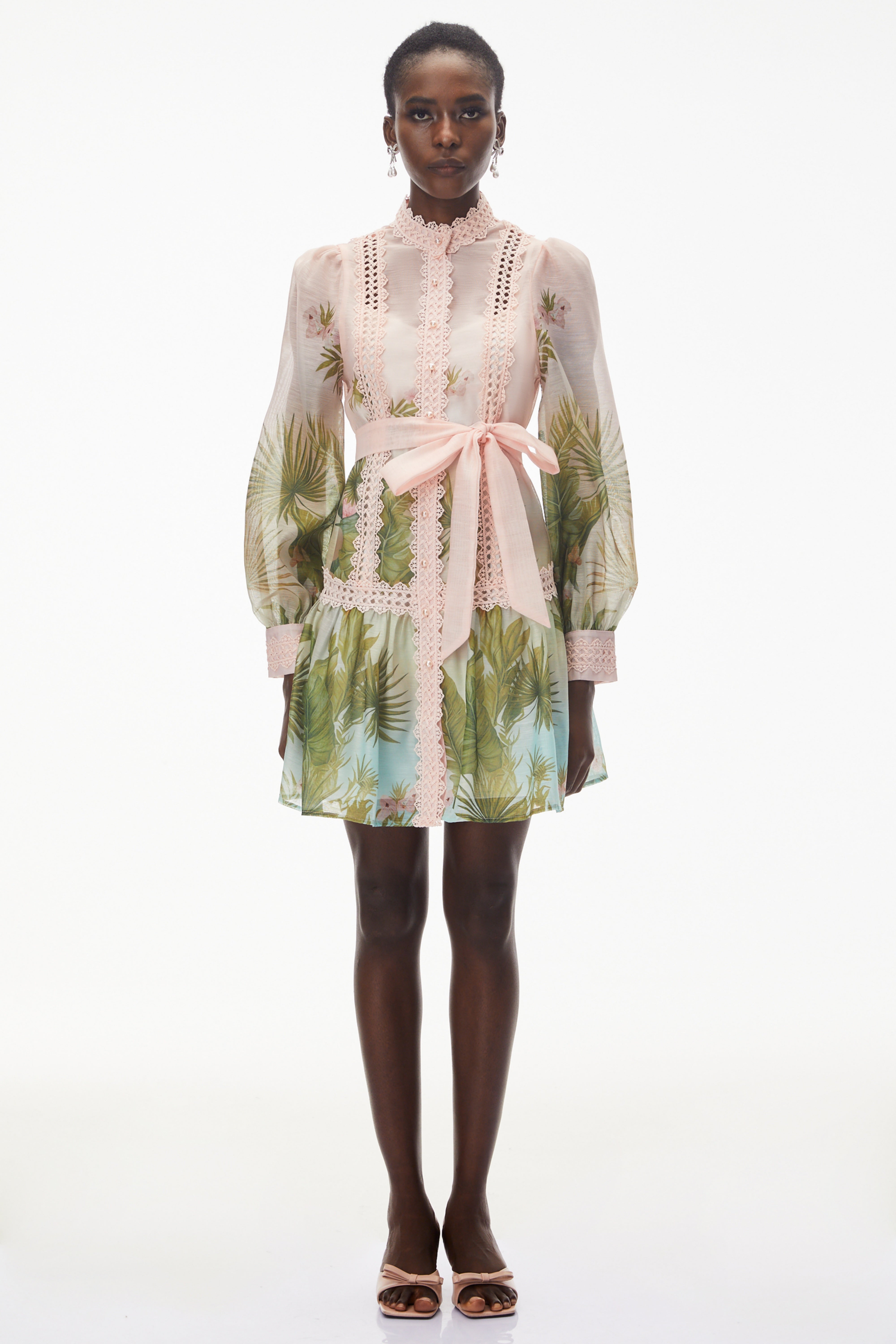 Antigone Pink Mini Dress with Lace Panels and Tie
