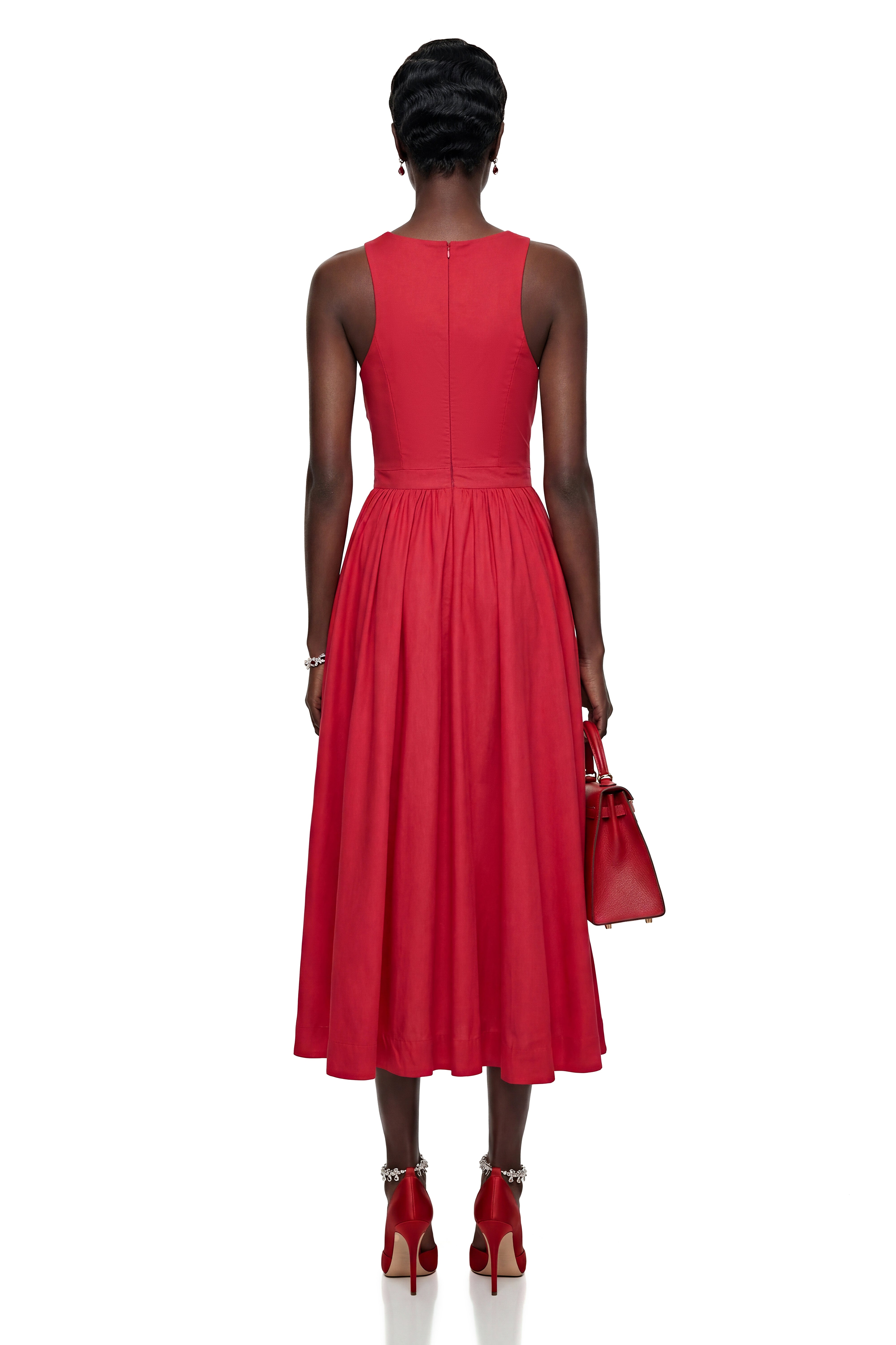 Antigone Red Halterneck Midi Dress with Cut-Outs