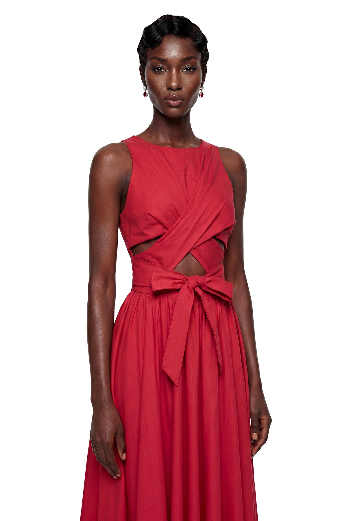 Antigone Red Halterneck Midi Dress with Cut-Outs