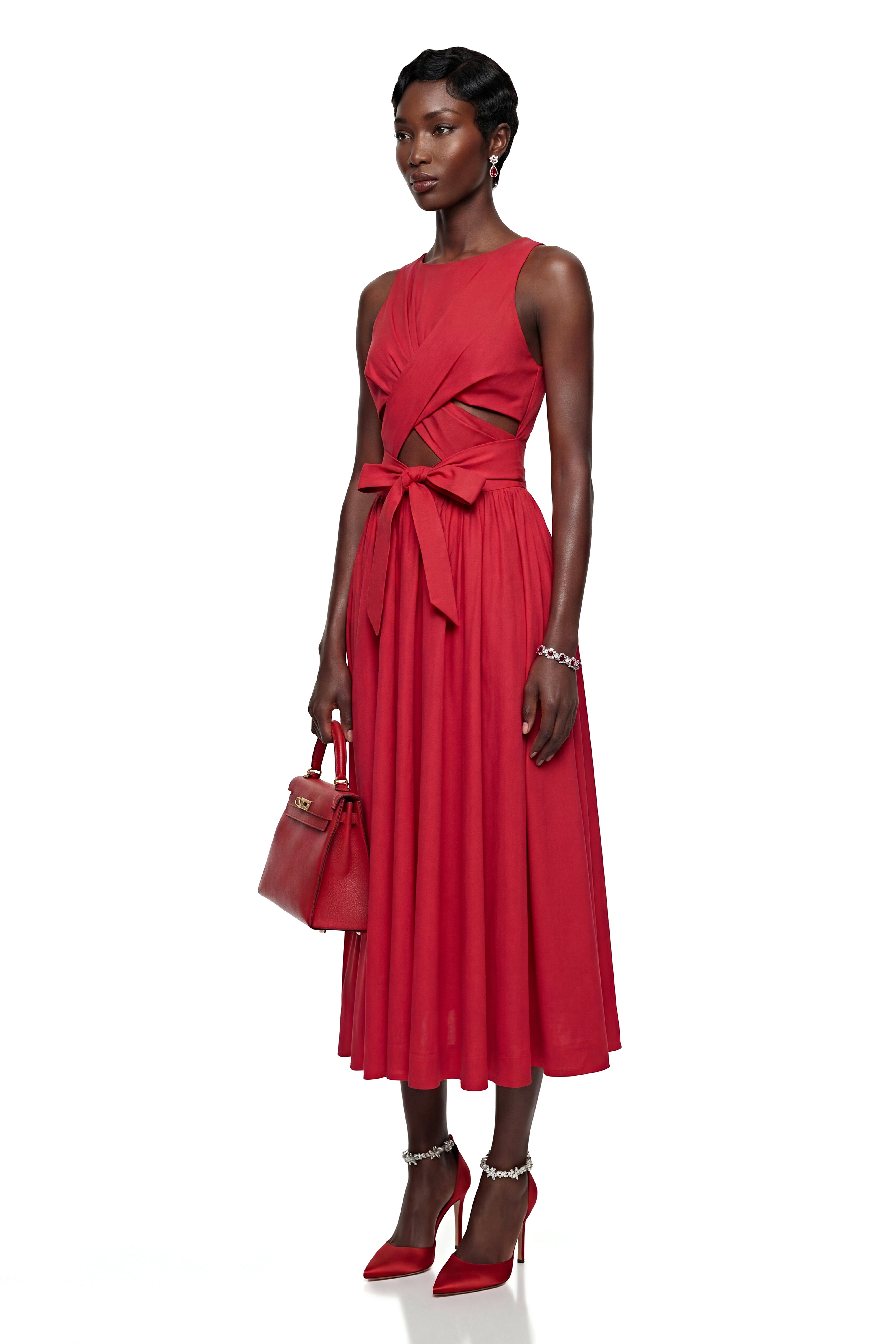 Antigone Red Halterneck Midi Dress with Cut-Outs