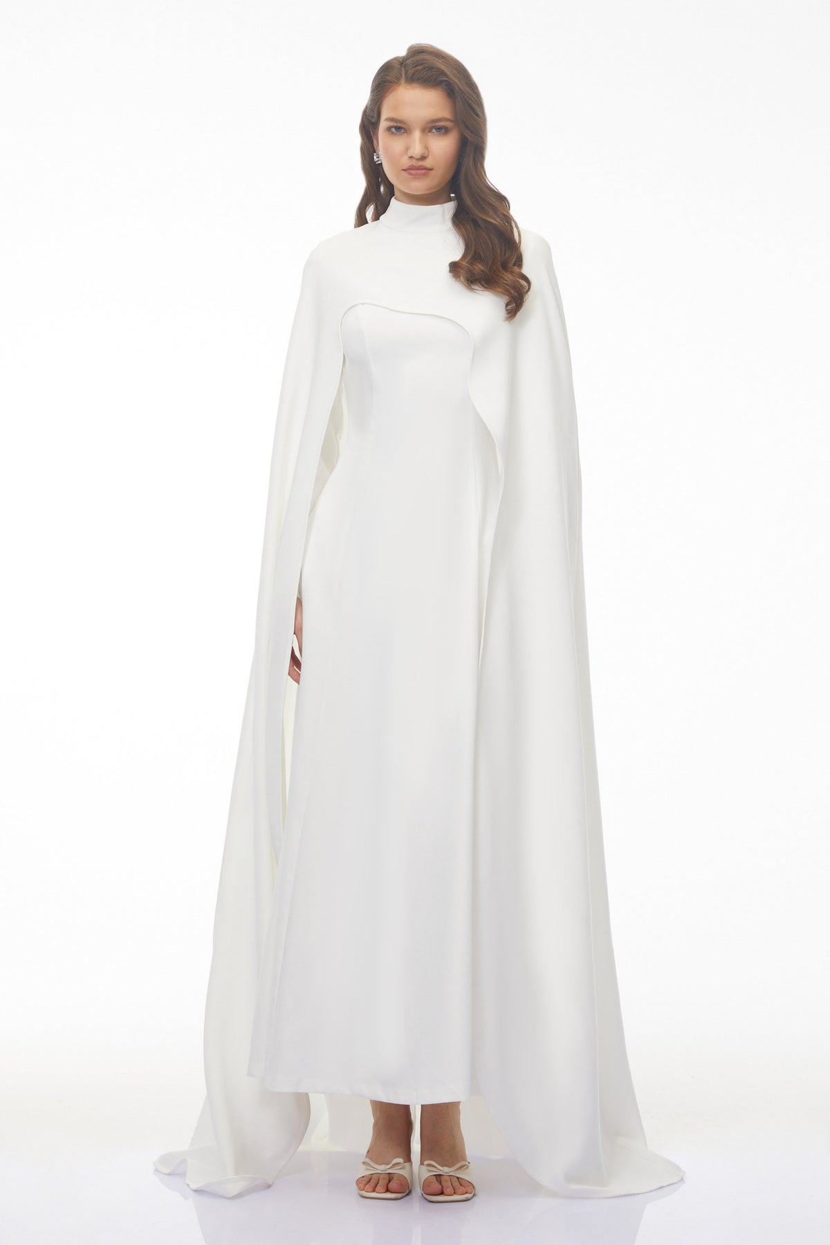 Antonina White Cape Maxi Gown with Long Sleeves
