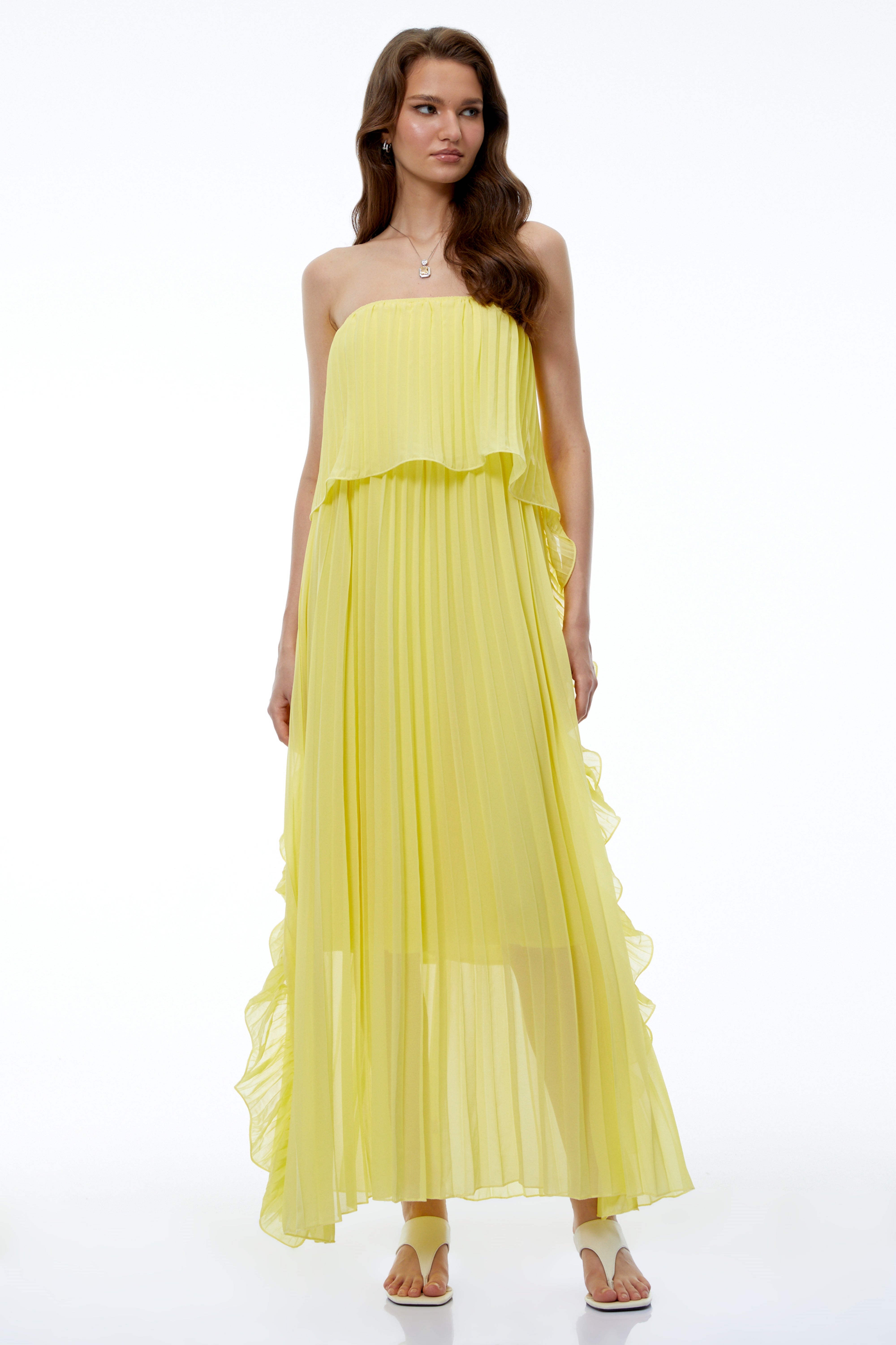 Aoi Yellow Off Shoulder Ruffled Pleated Maxi Dress