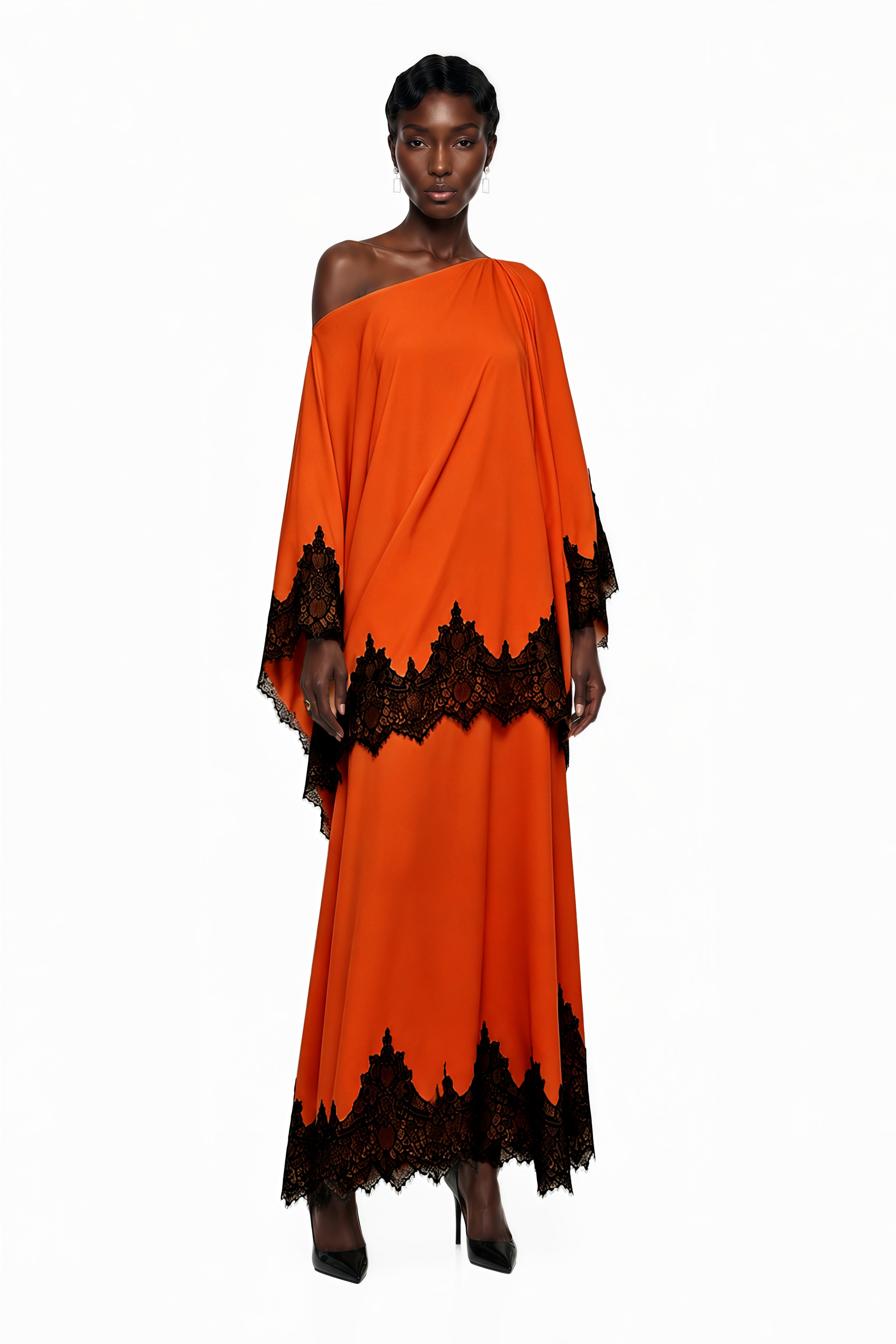 Aoraki Orange One Shoulder Top & Skirt Set with Lace Trim