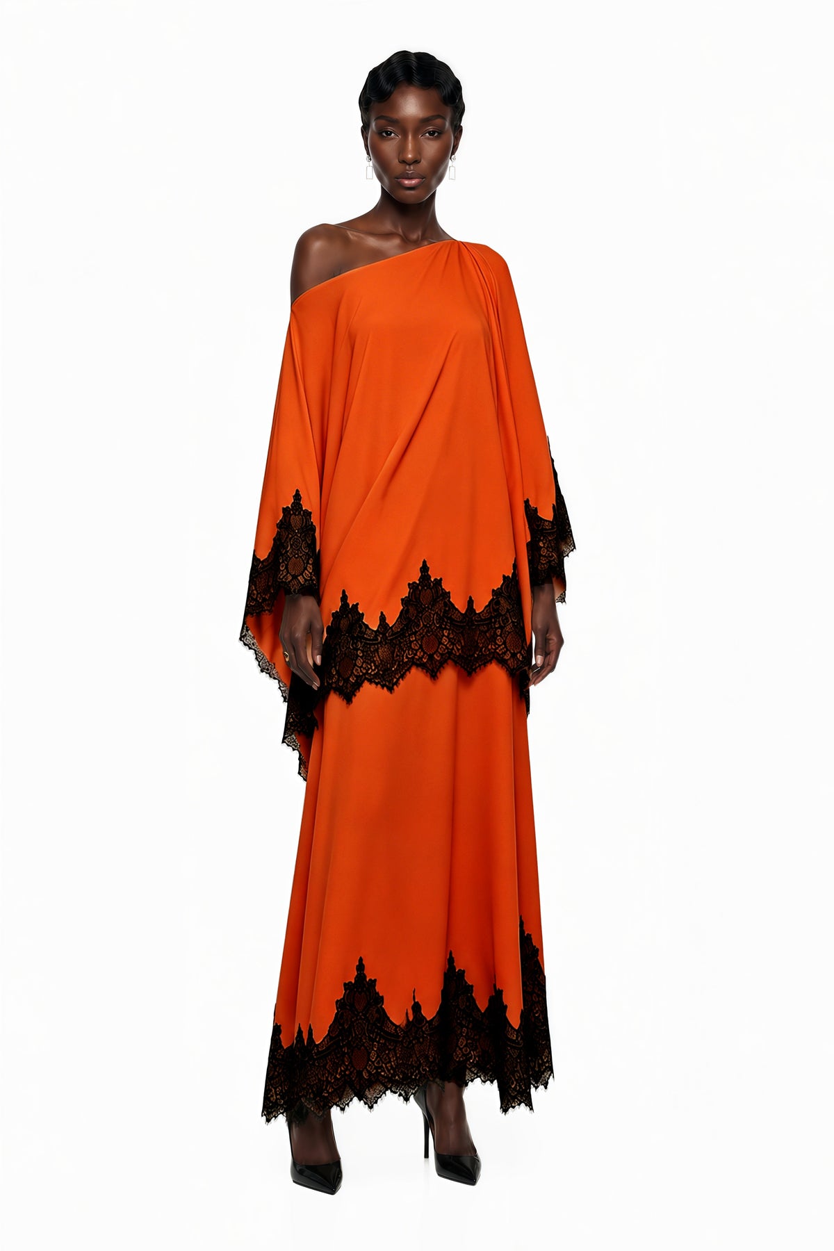 Aoraki Orange One Shoulder Top & Skirt Set with Lace Trim