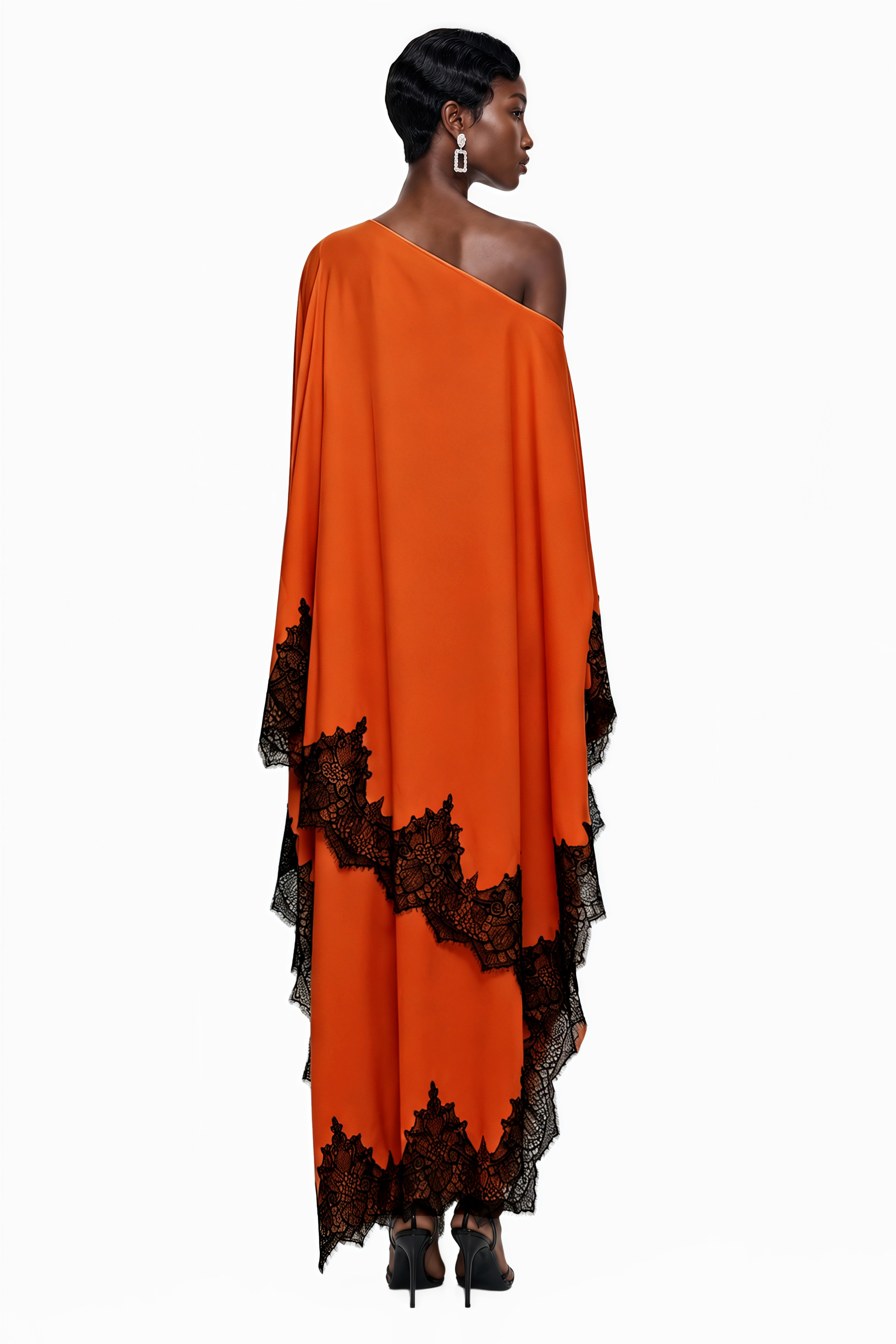 Aoraki Orange One Shoulder Top & Skirt Set with Lace Trim