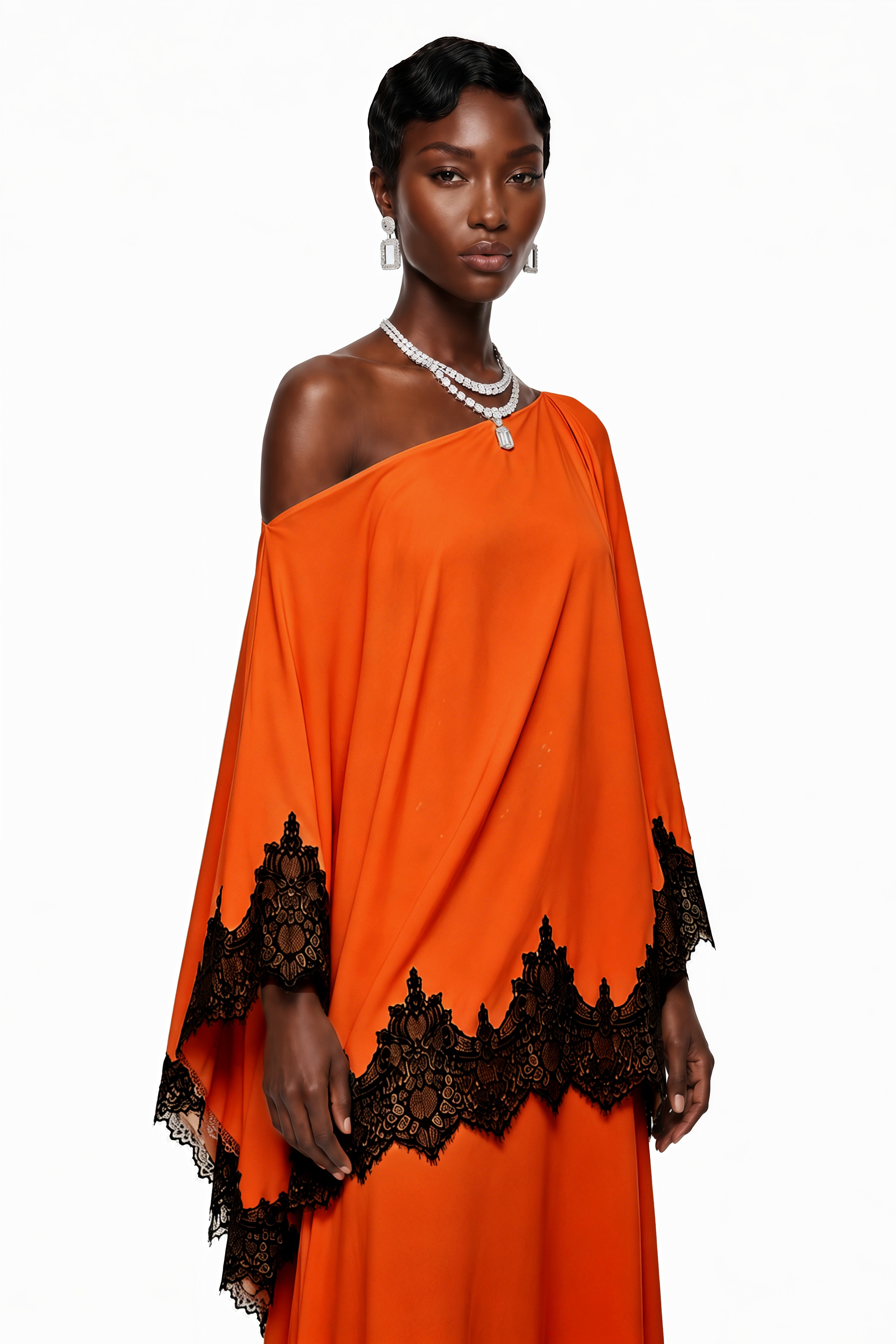 Aoraki Orange One Shoulder Top & Skirt Set with Lace Trim
