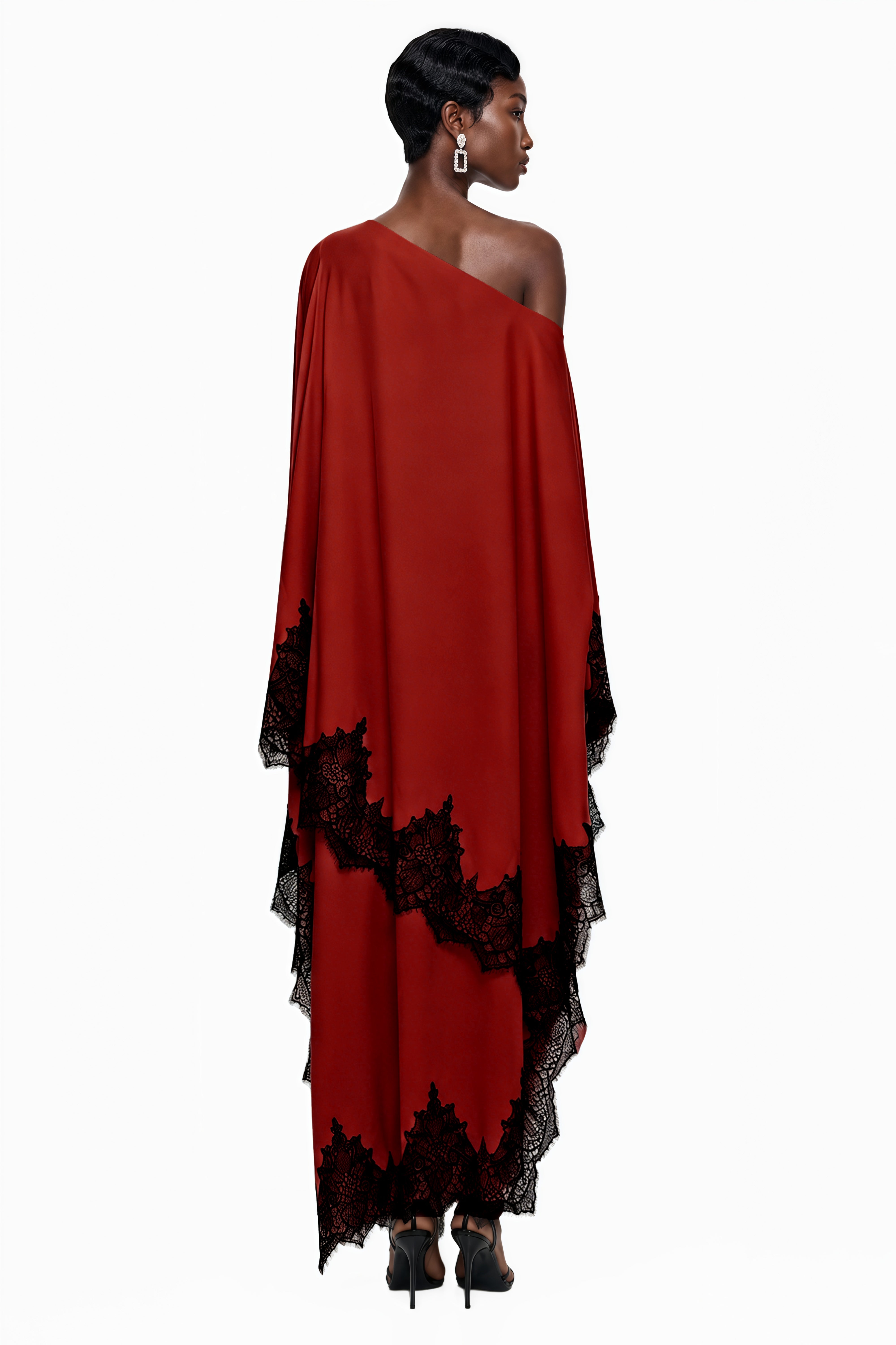 Aoraki Red One Shoulder Top & Skirt Set with Lace Trim