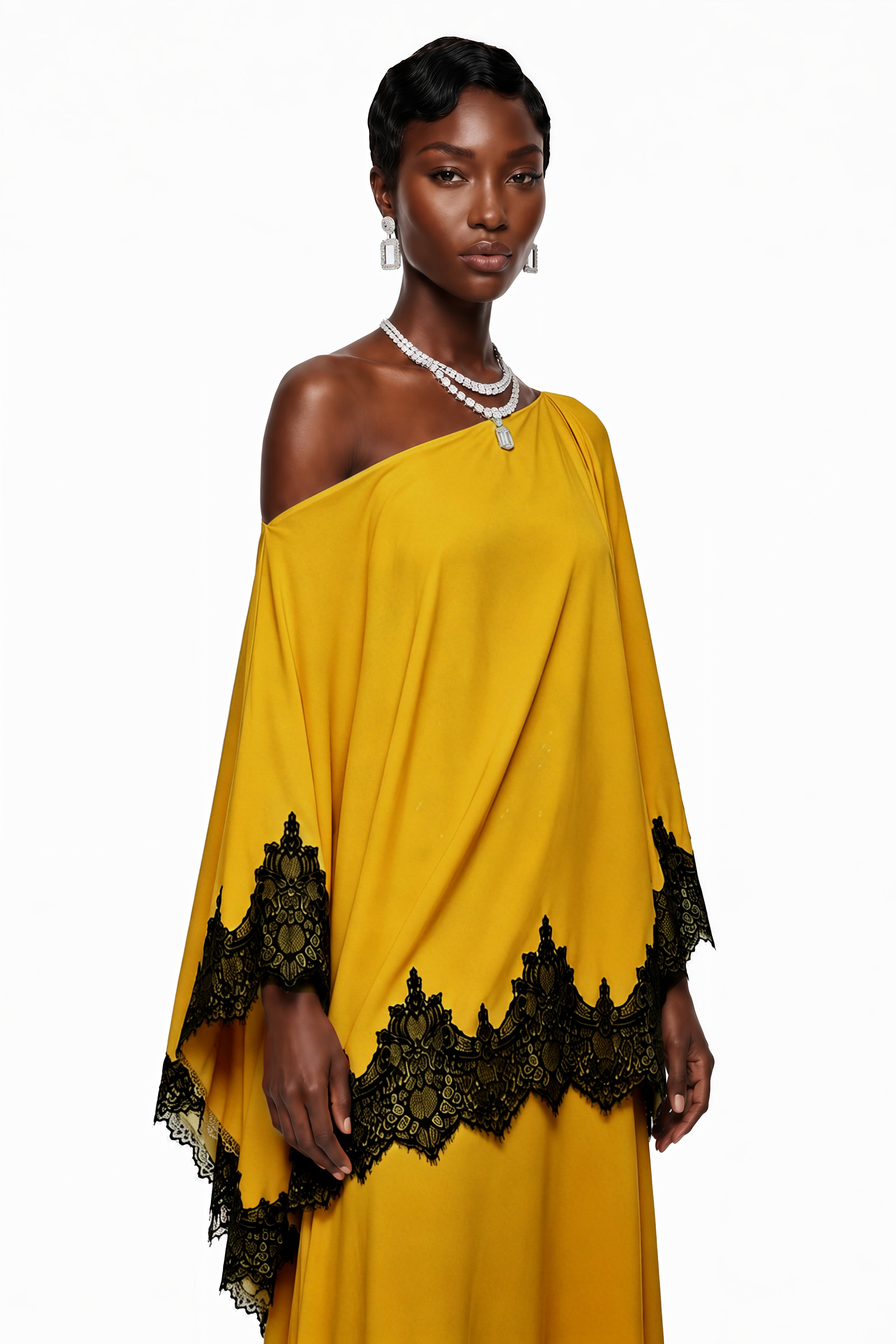 Aoraki Yellow One Shoulder Top & Skirt Set with Lace Trim