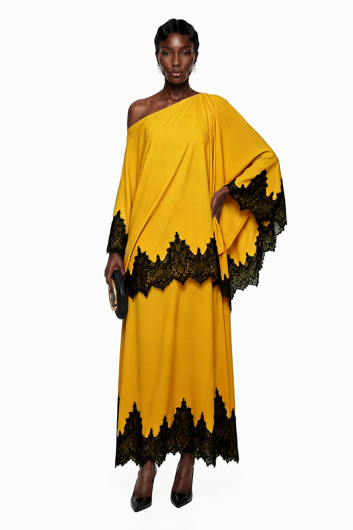 Aoraki Yellow One Shoulder Top & Skirt Set with Lace Trim