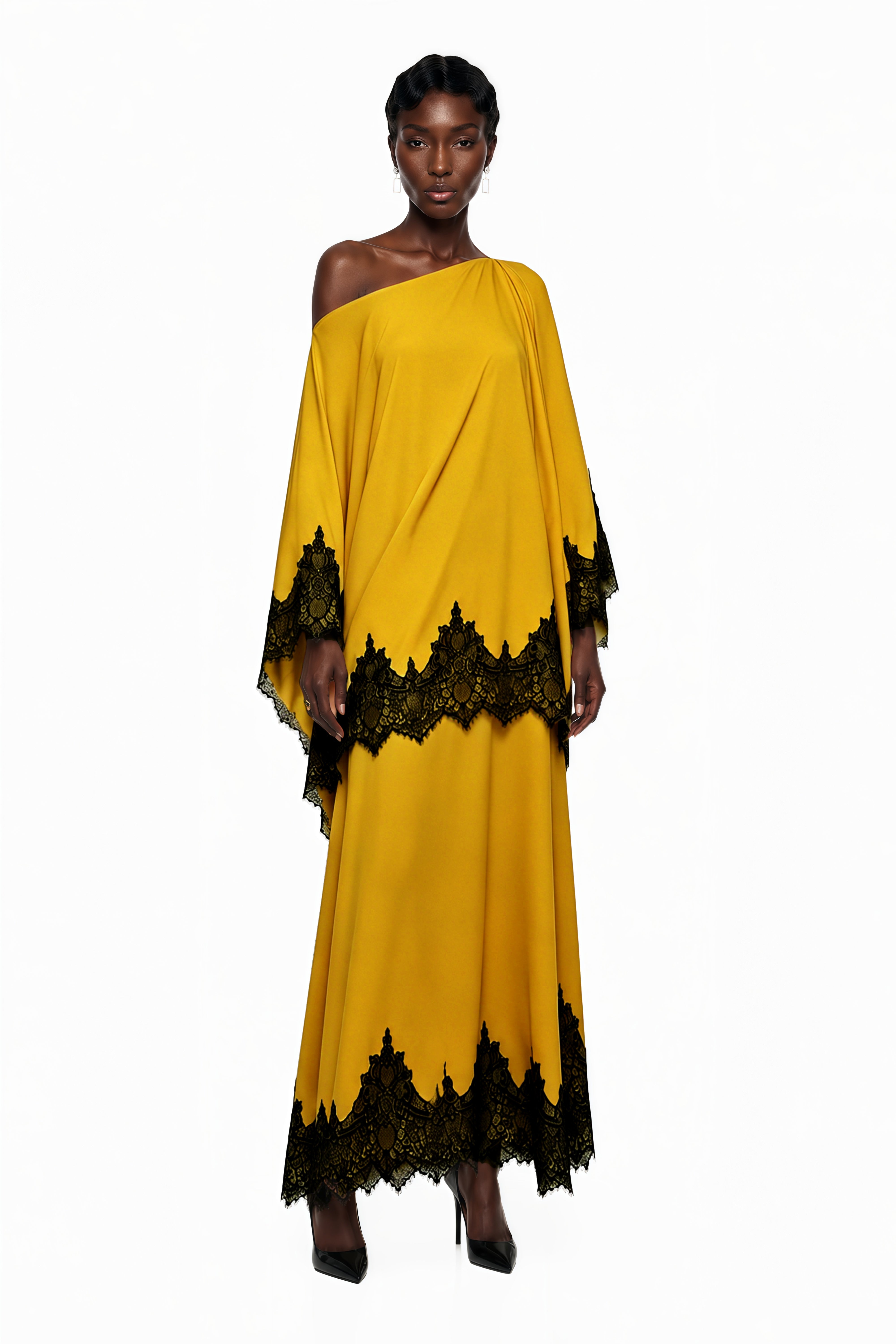 Aoraki Yellow One Shoulder Top & Skirt Set with Lace Trim