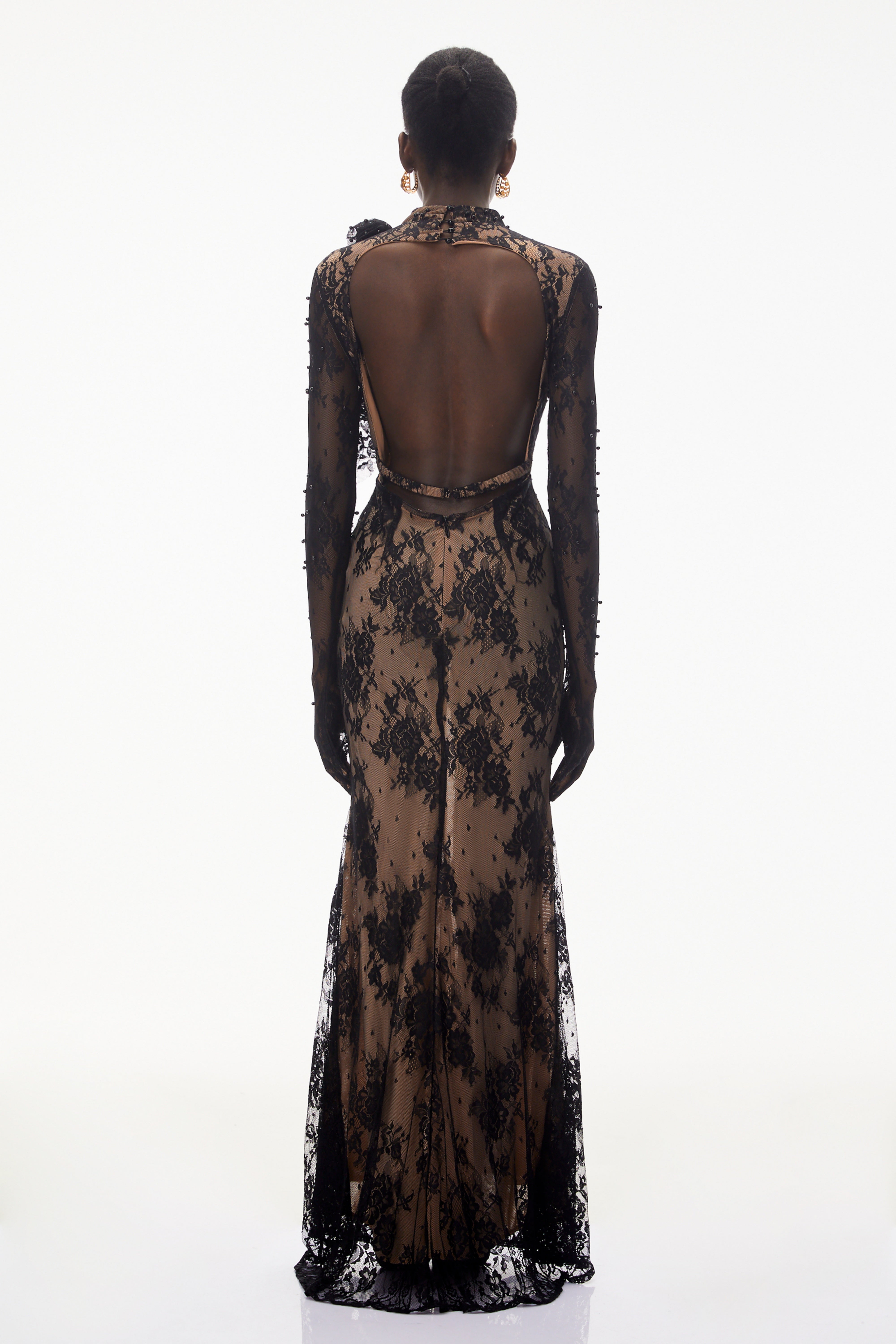 Arabella Black Mock Neck Sequin Lace Maxi Dress