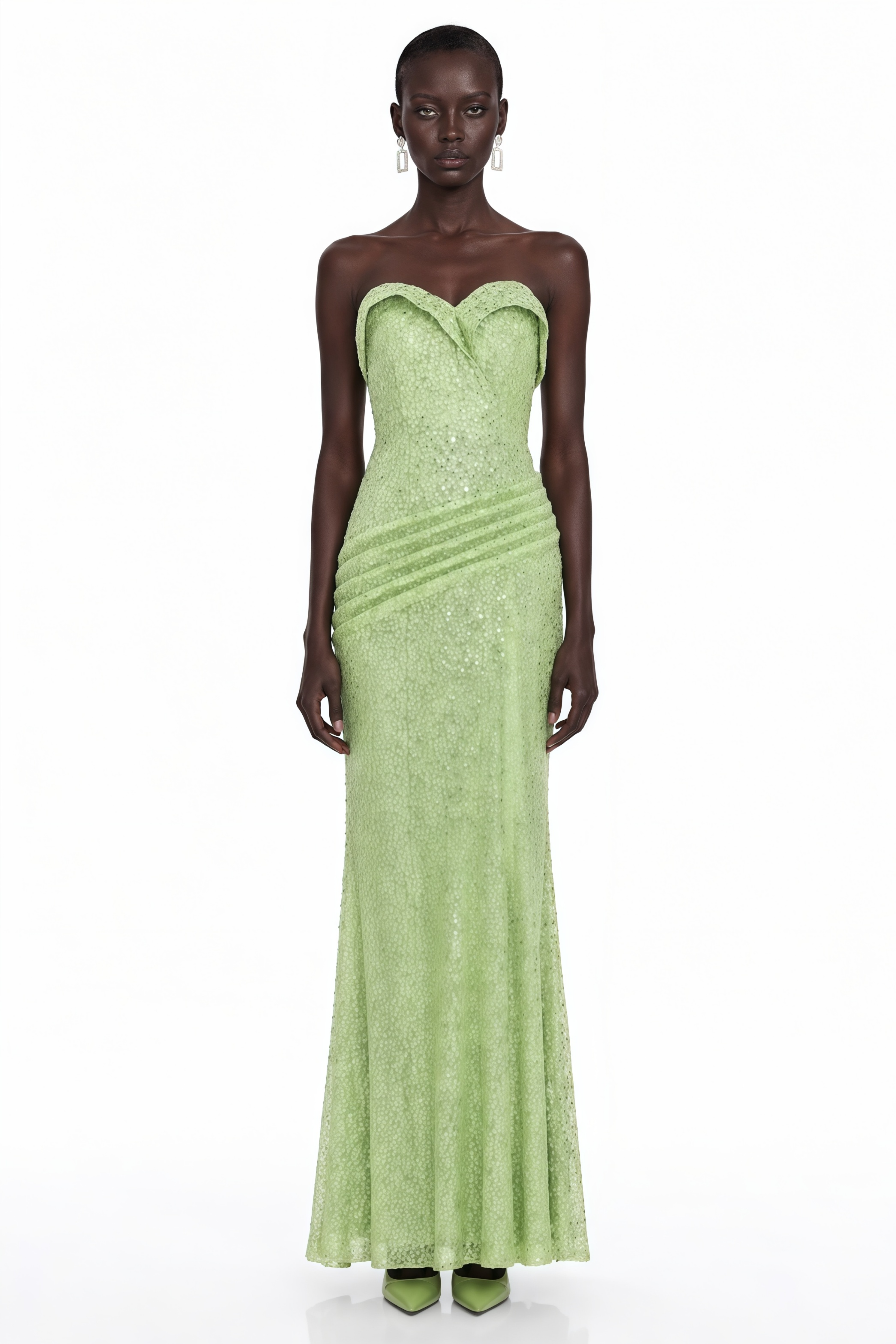 Arapuni Green Off Shoulder Rhinestone Maxi Dress