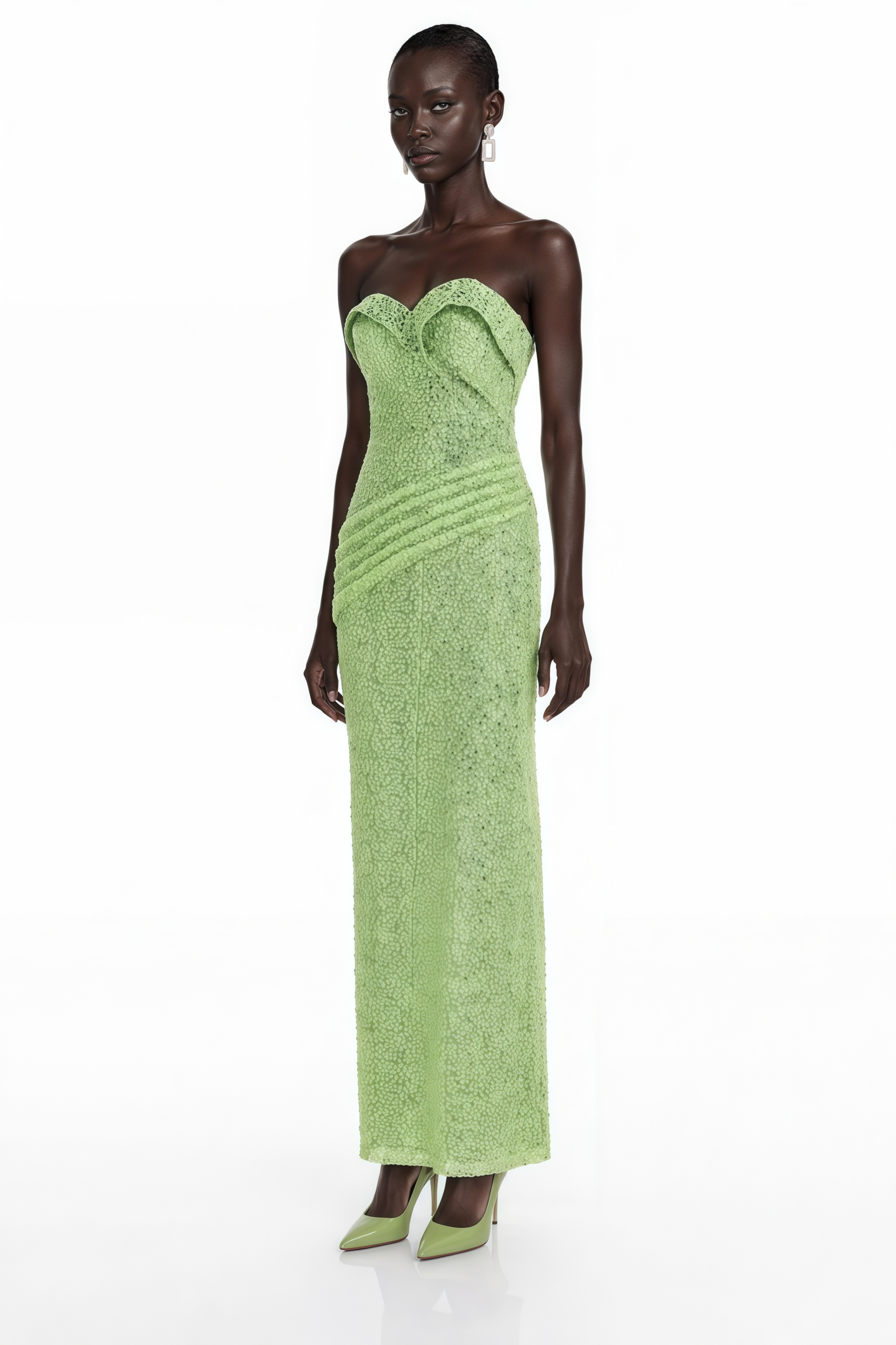Arapuni Green Off Shoulder Rhinestone Maxi Dress