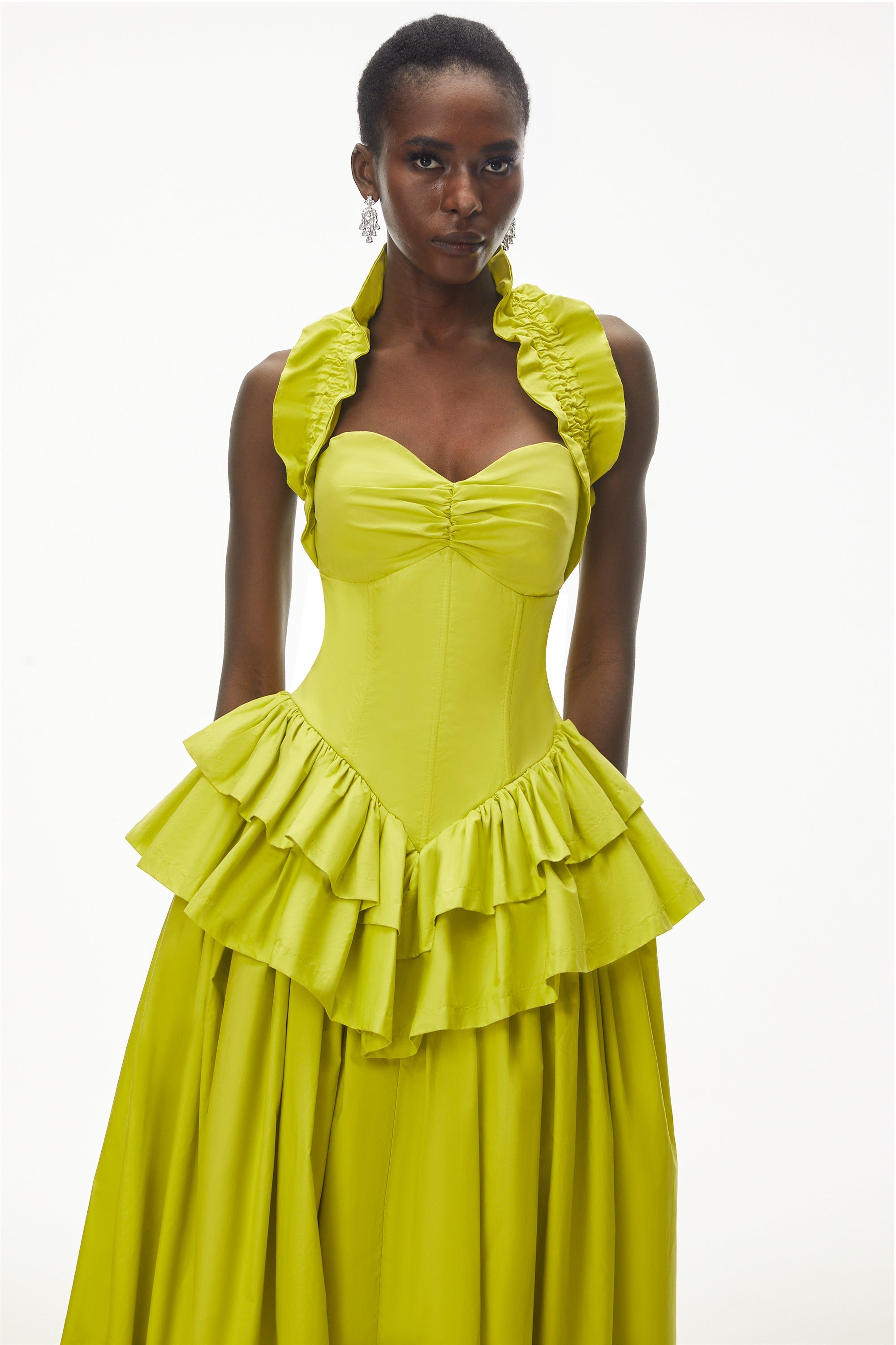 Arezoo Green Mock Neck Ruffled Midi Dress