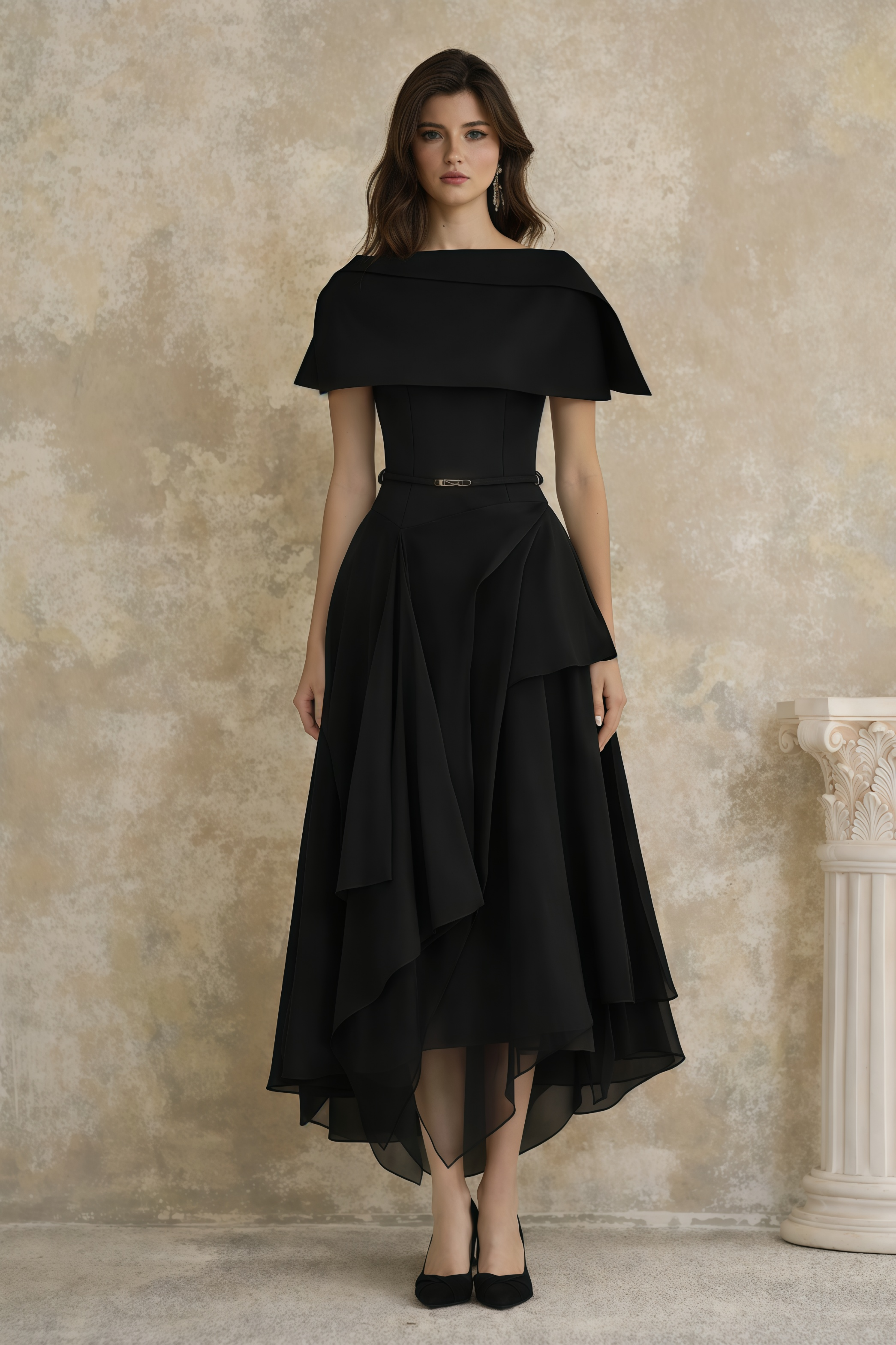 Aria Black Asymmetrical Shawl & Tulle Panel Dress Set (Final Sale-US Only)