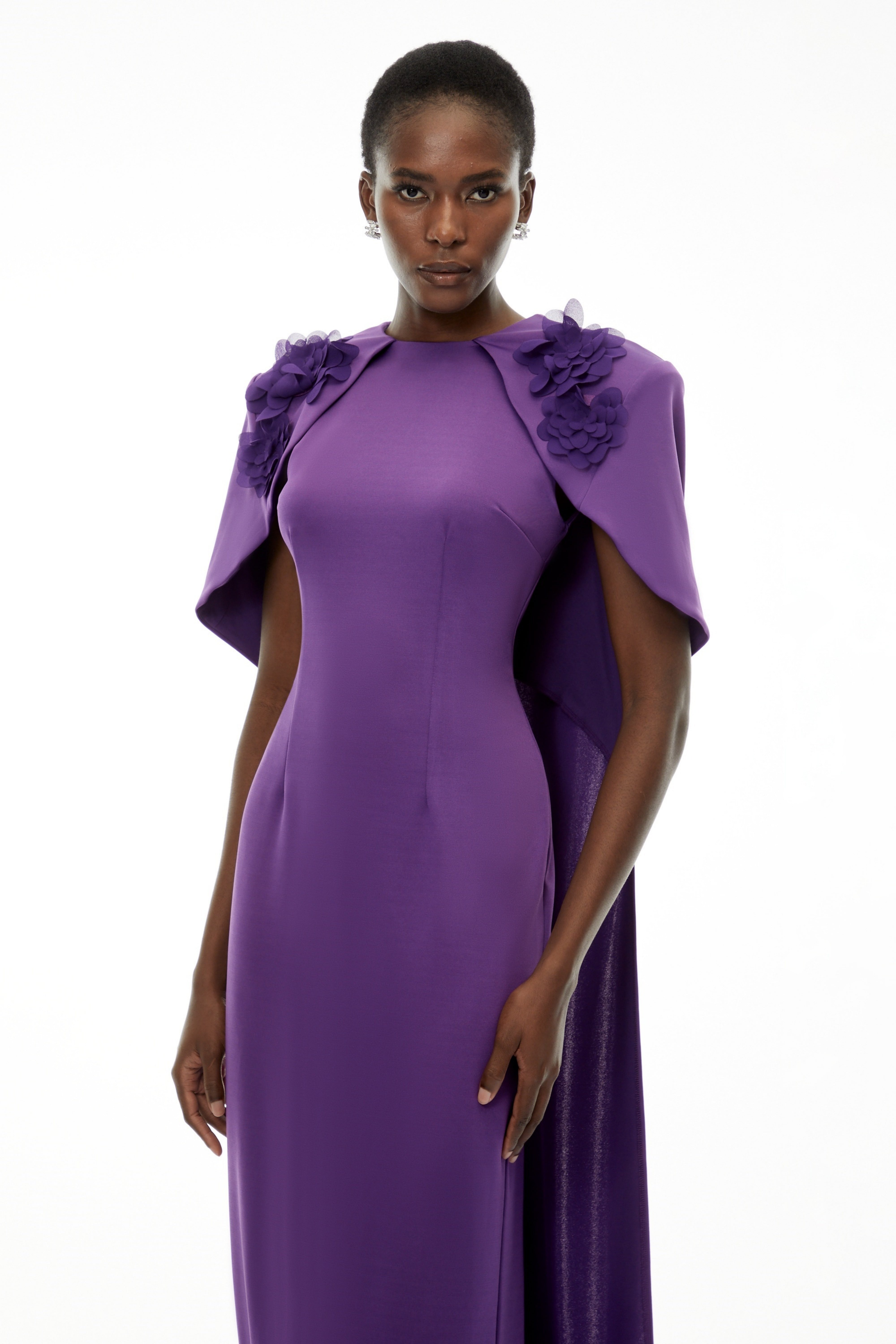 Aria Purple Cinched Maxi Dress with Cape and 3D Florals (Final Sale)