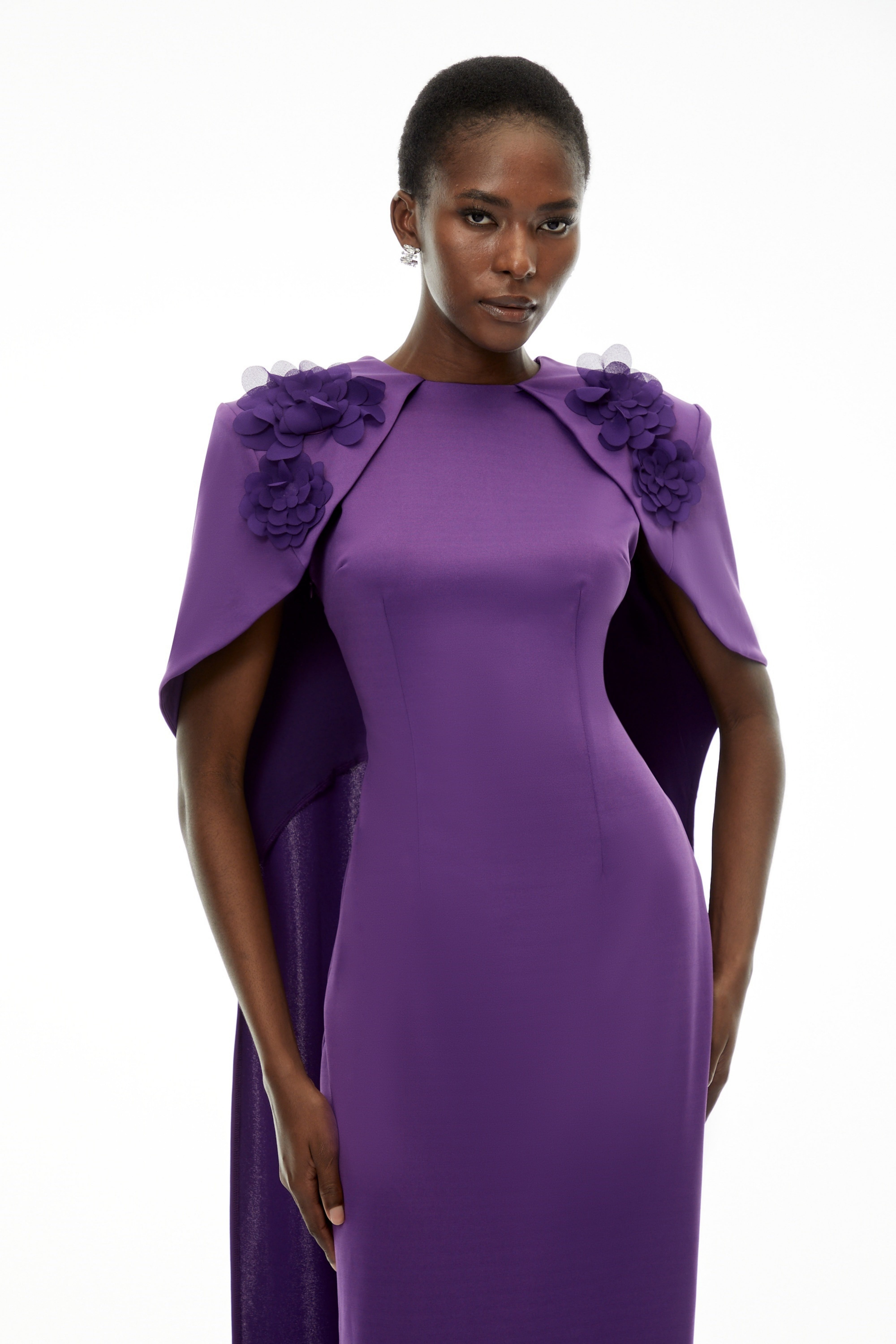 Aria Purple Cinched Maxi Dress with Cape and 3D Florals (Final Sale)