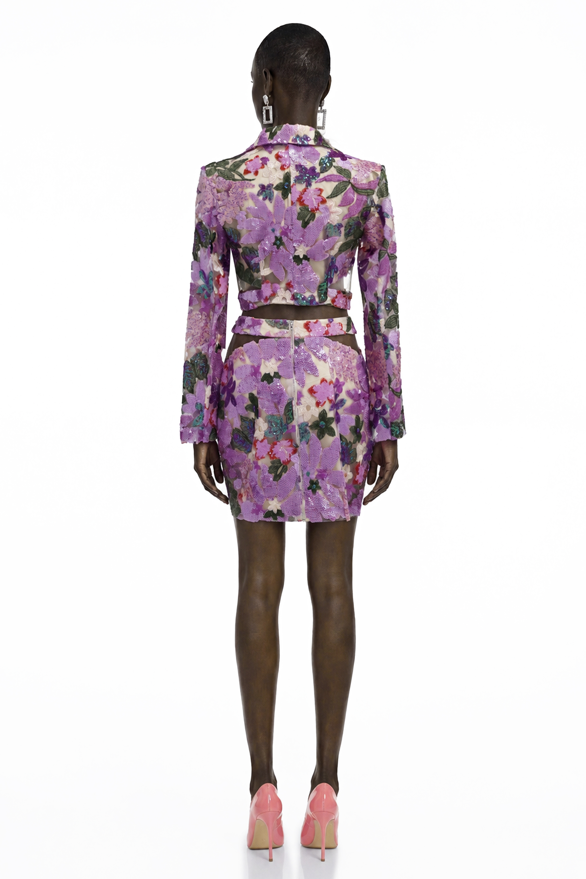Ariana Purple Floral Sequin Cut-out Blouse & Skirt Set