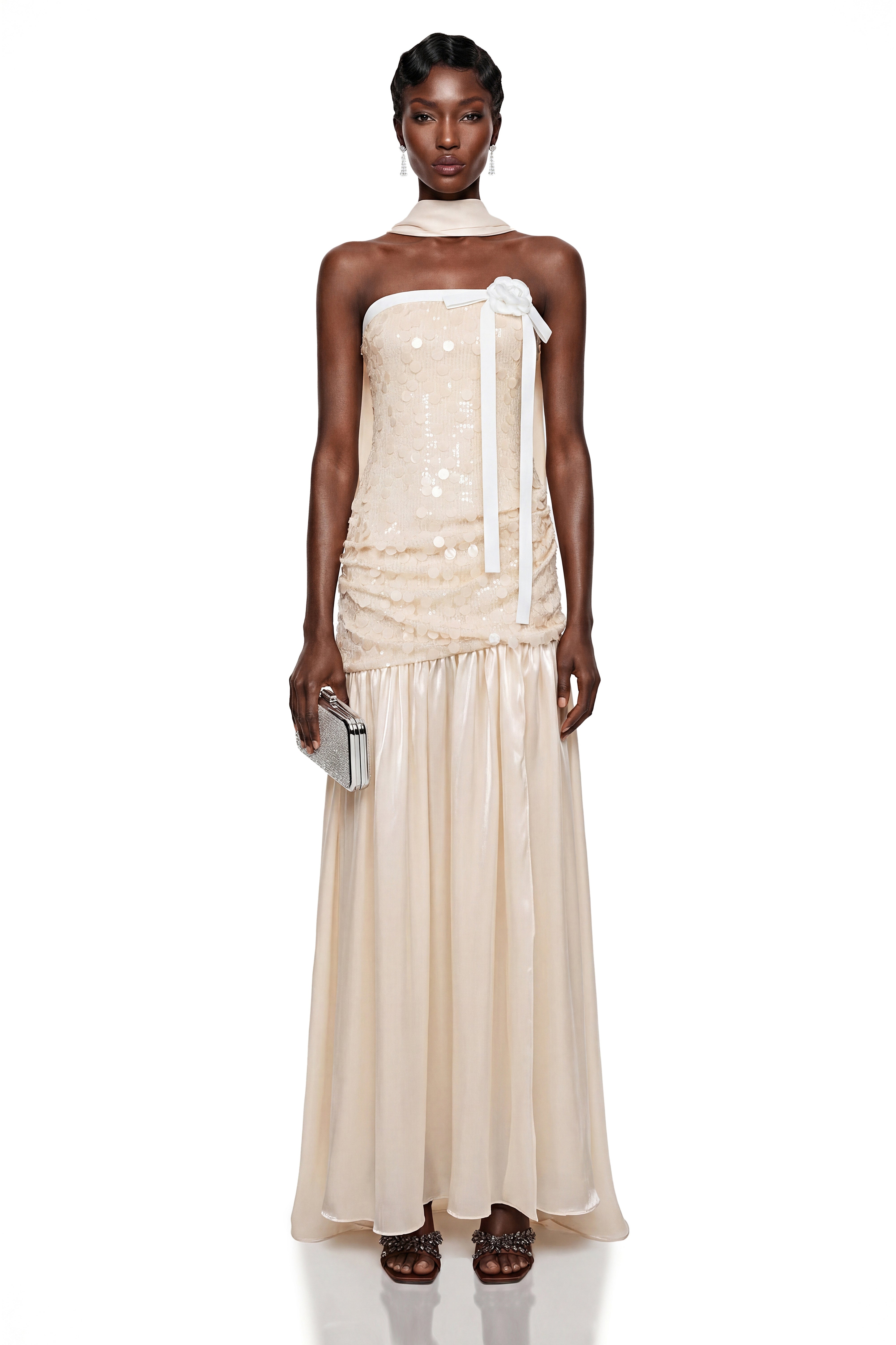 Arianell Champagne Sequin Strapless Bow Rosette Maxi Dress