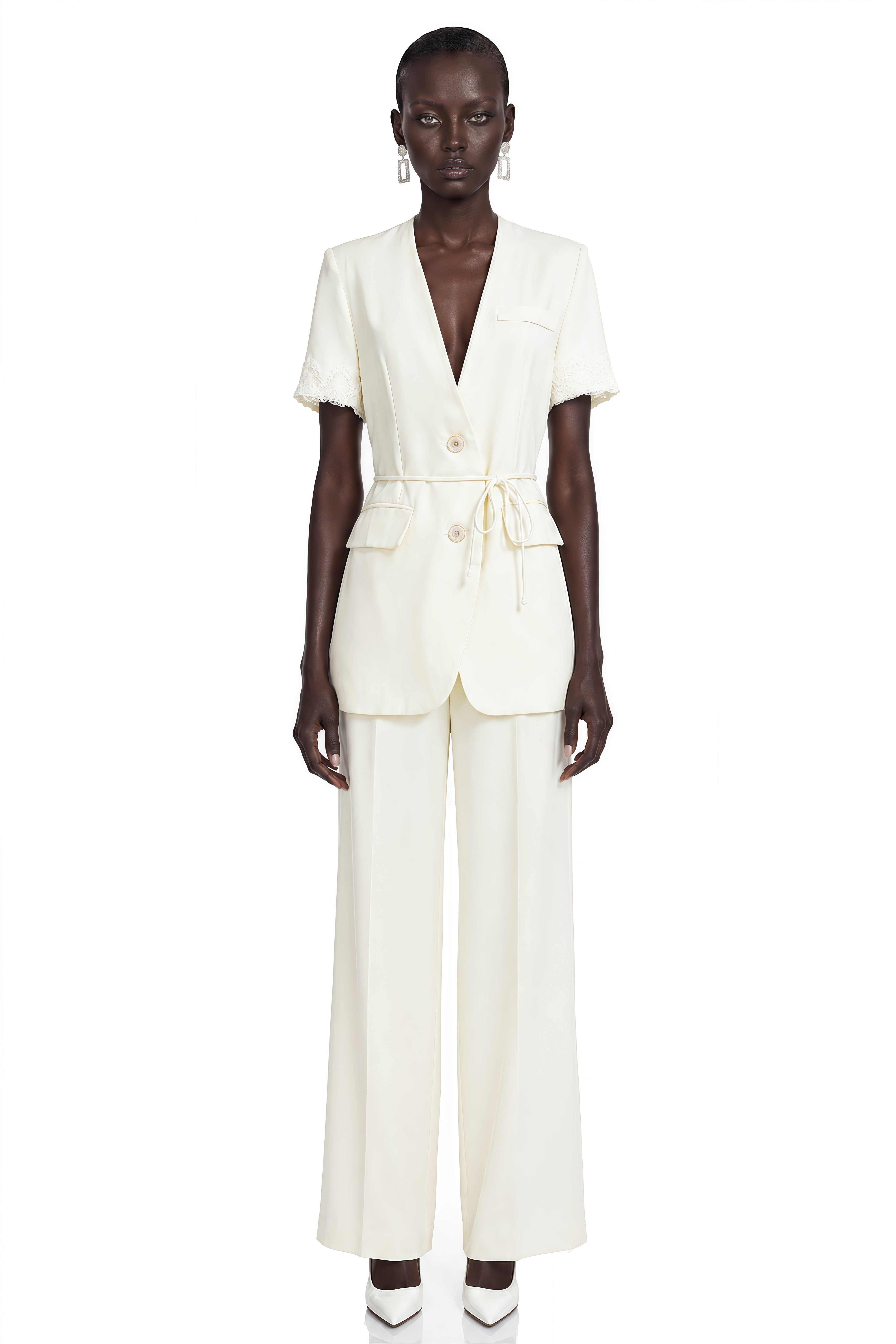 Arlene Cream Plunge Neck Blouse & Trousers Set