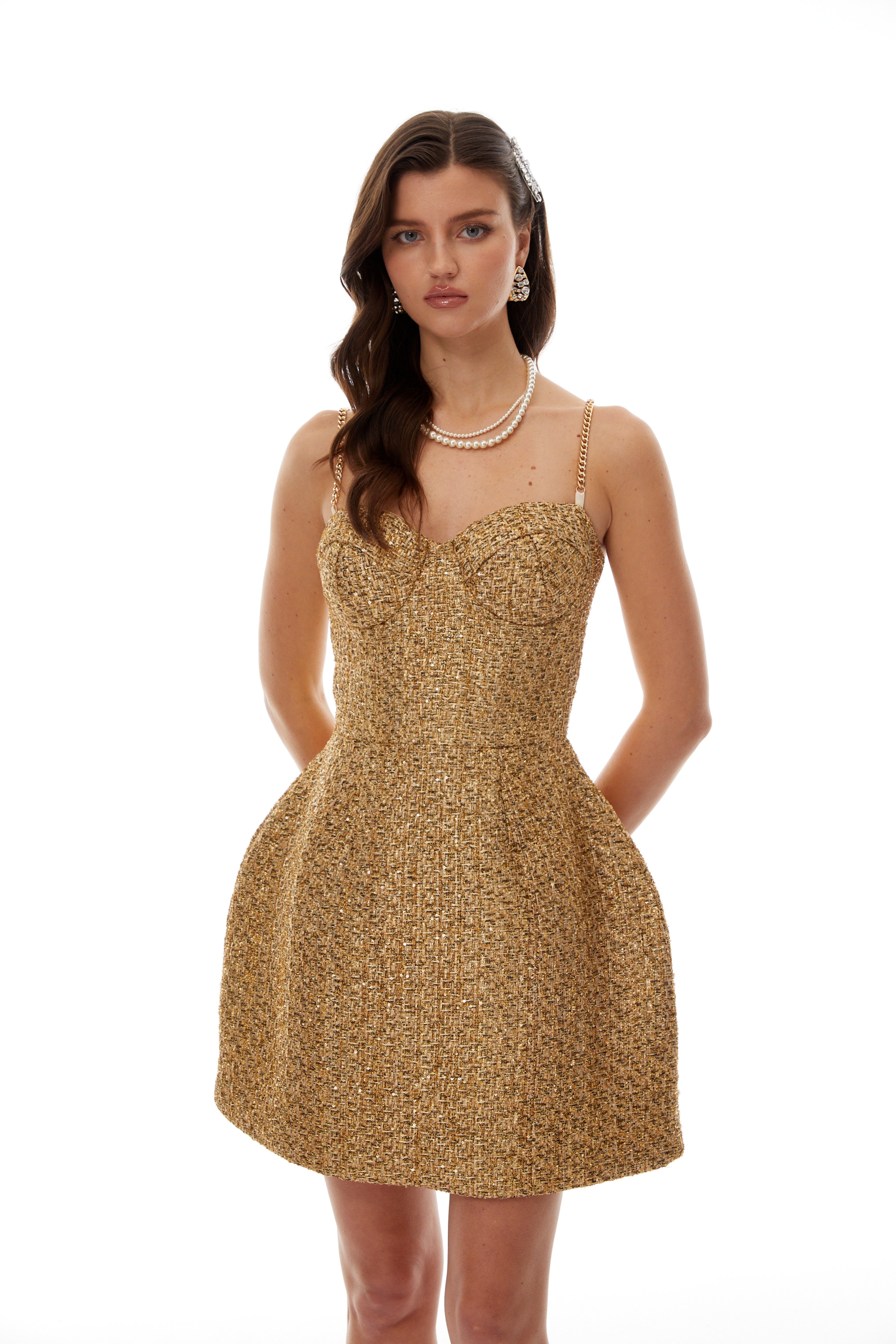 Arna Gold Sweetheart Neckline Tweed Mini Dress (Final Sale)
