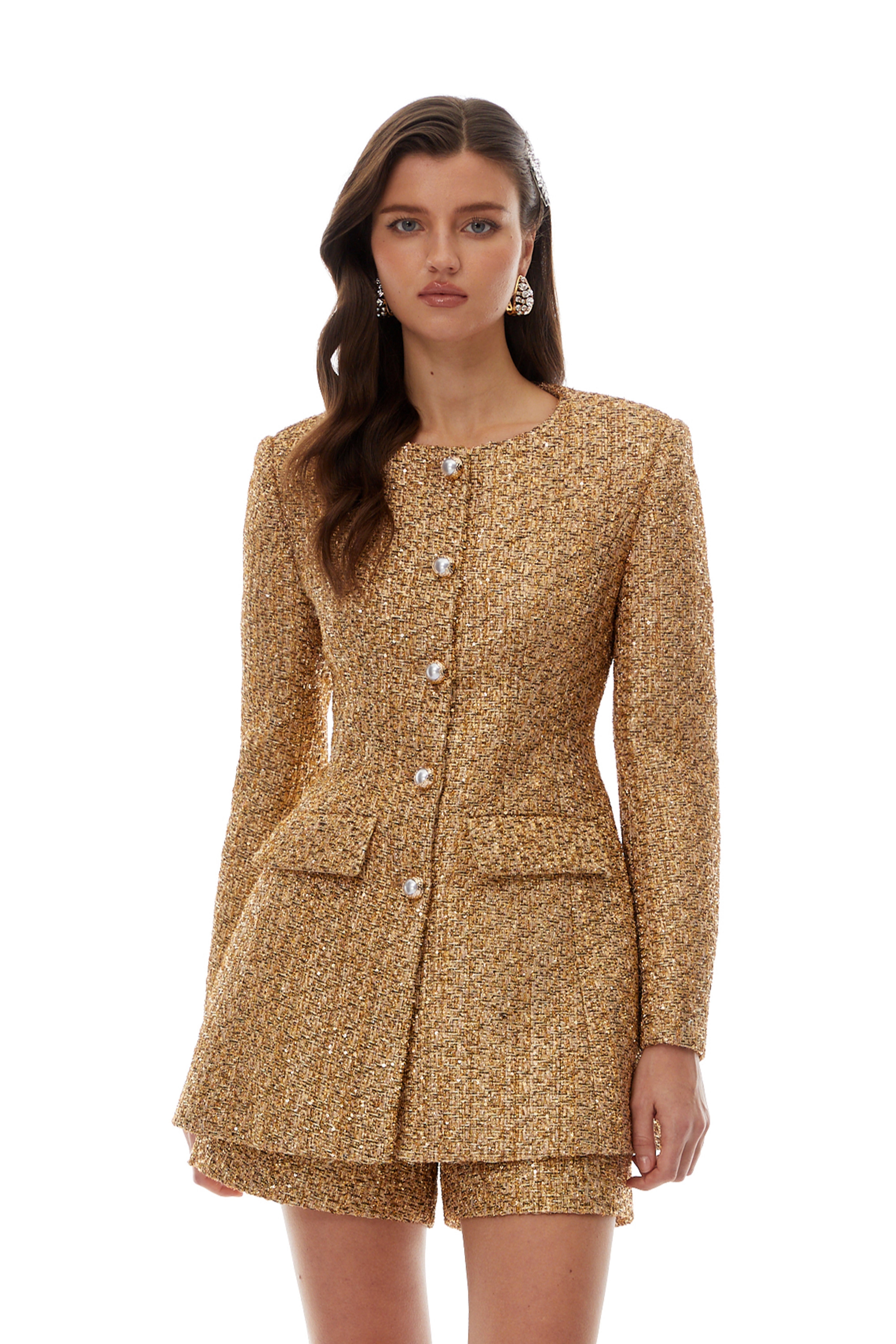 Arna Gold Tweed Mini Blazer Dress & Shorts Set