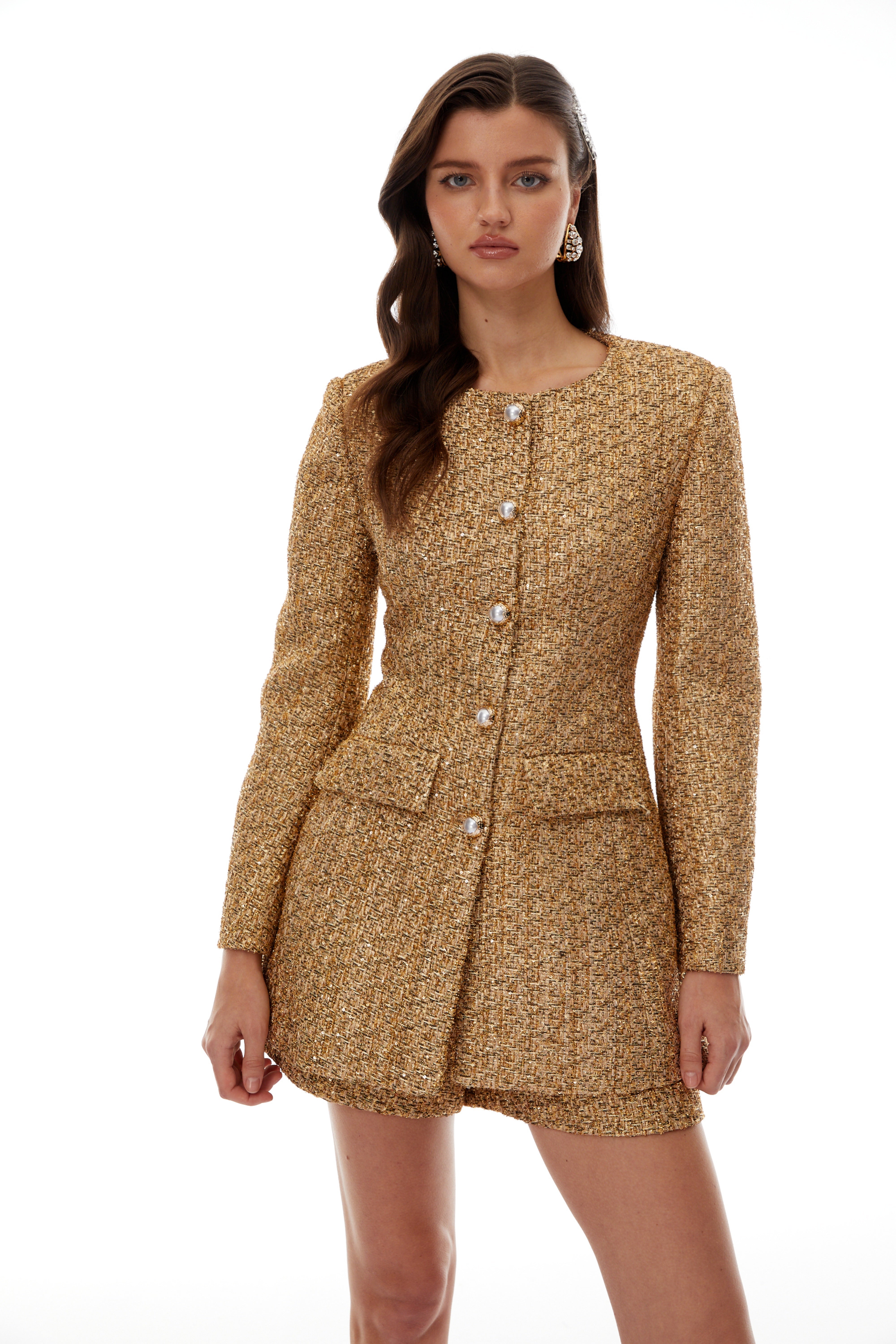 Arna Gold Tweed Mini Blazer Dress & Shorts Set