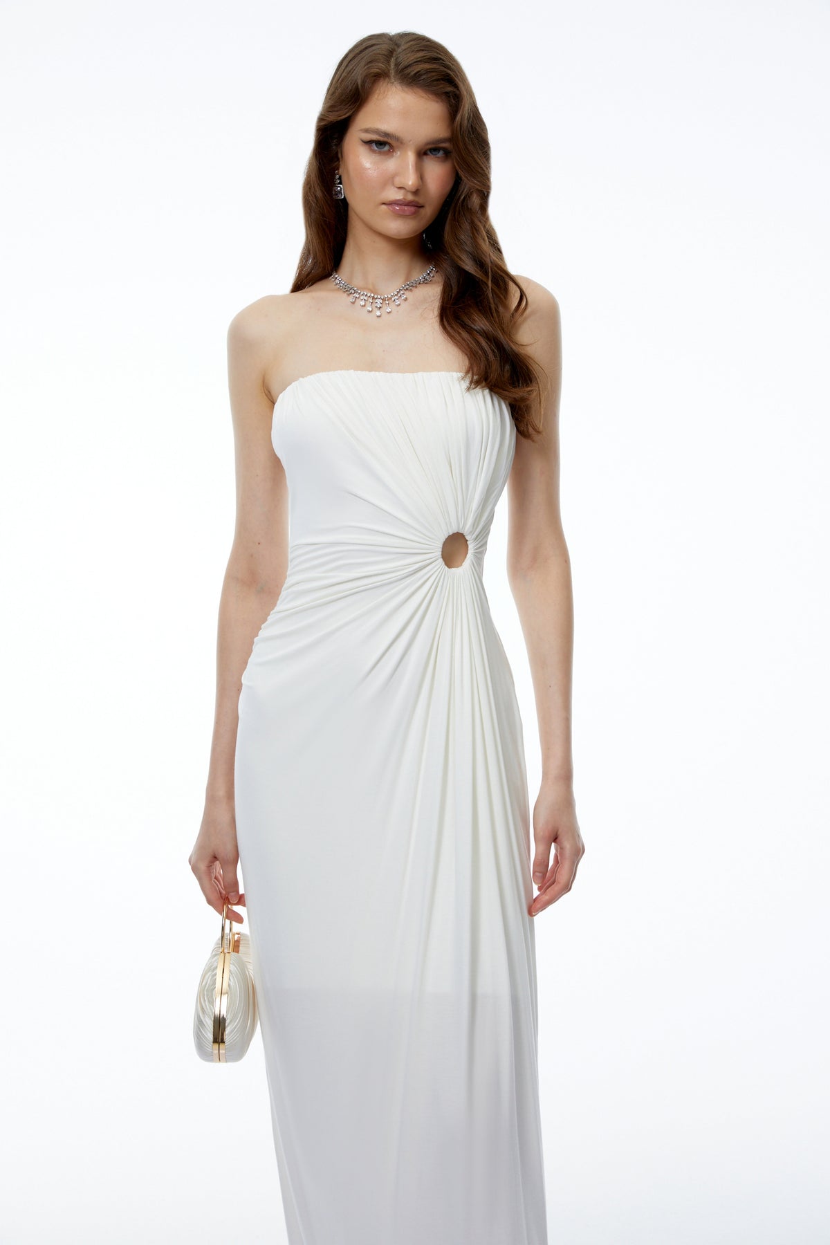Aroha White Off Shoulder Ruched Maxi Dress