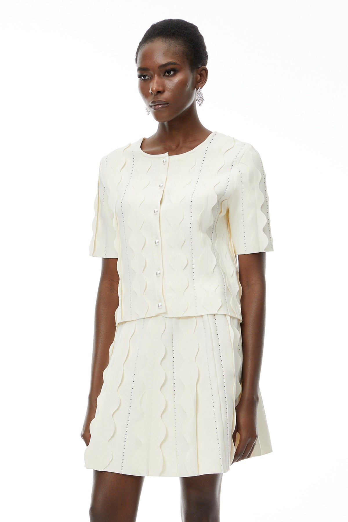 Ásdís White Beaded Blouse & Skirt Set