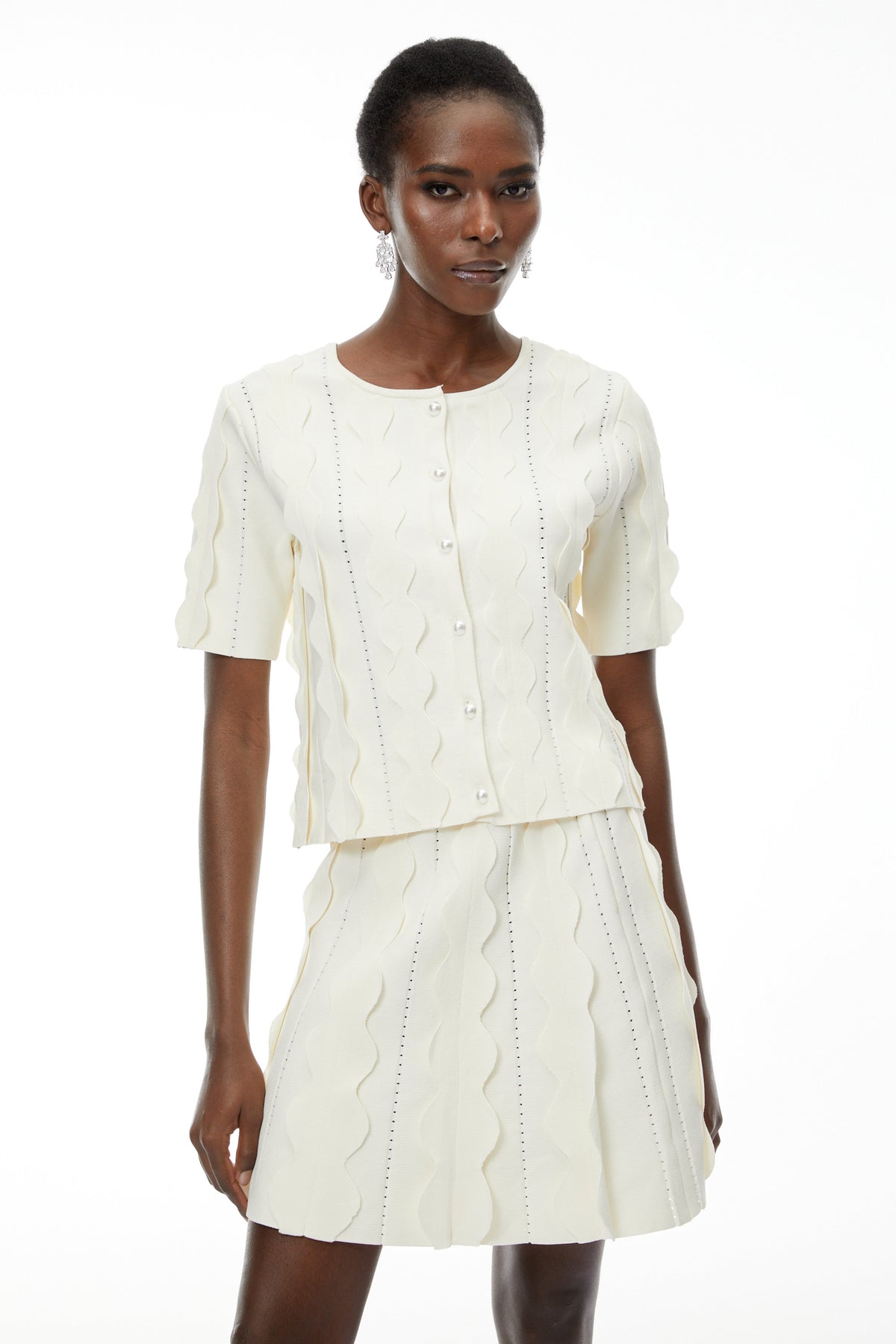 Ásdís White Beaded Blouse & Skirt Set